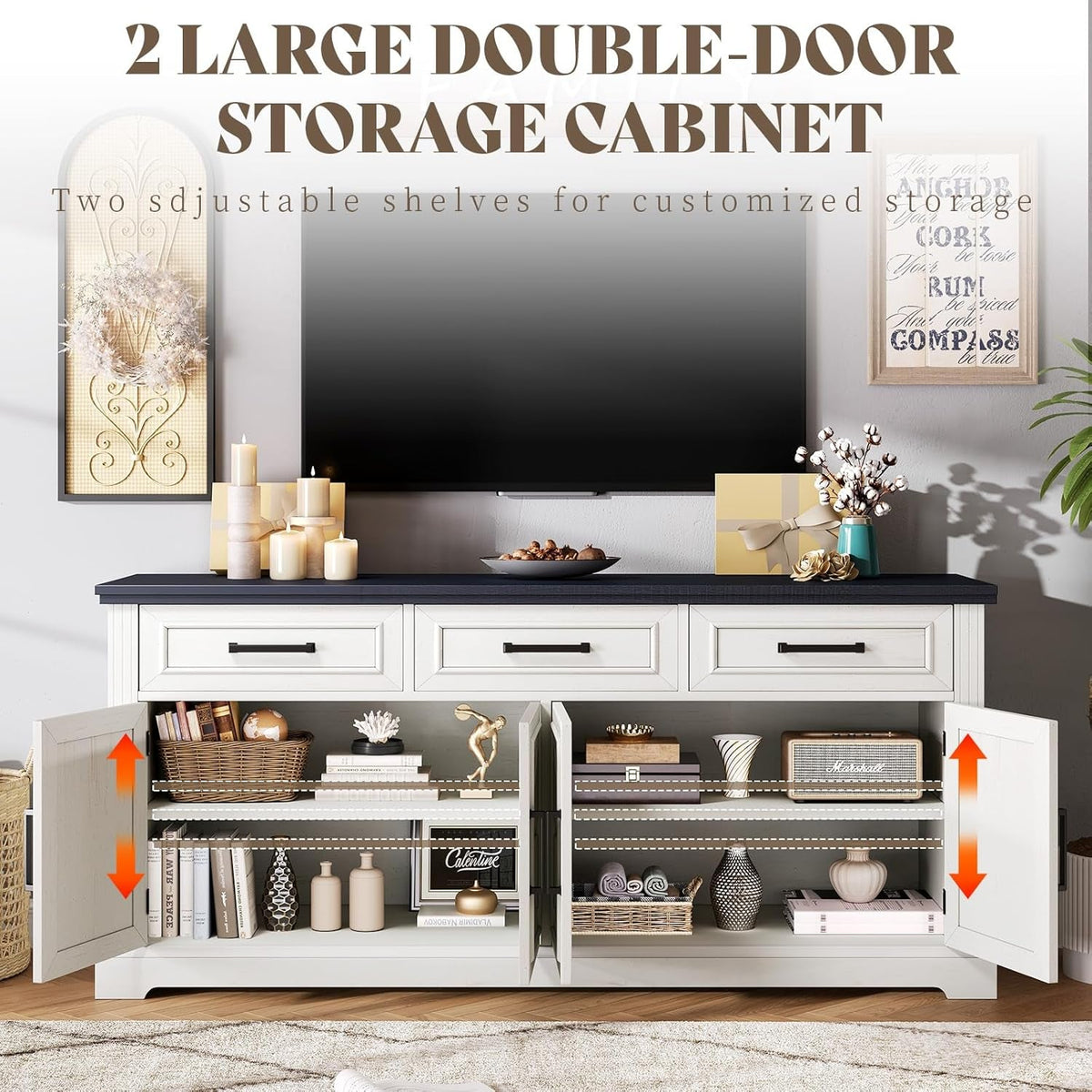 63 Inch Farmhouse White Buffet Sideboard With 3 Drawers