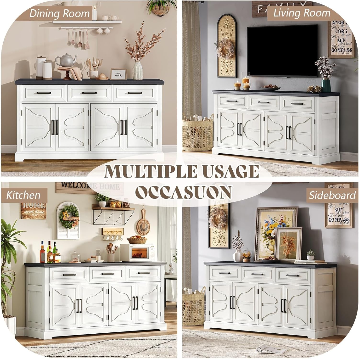63 Inch Farmhouse White Buffet Sideboard With 3 Drawers