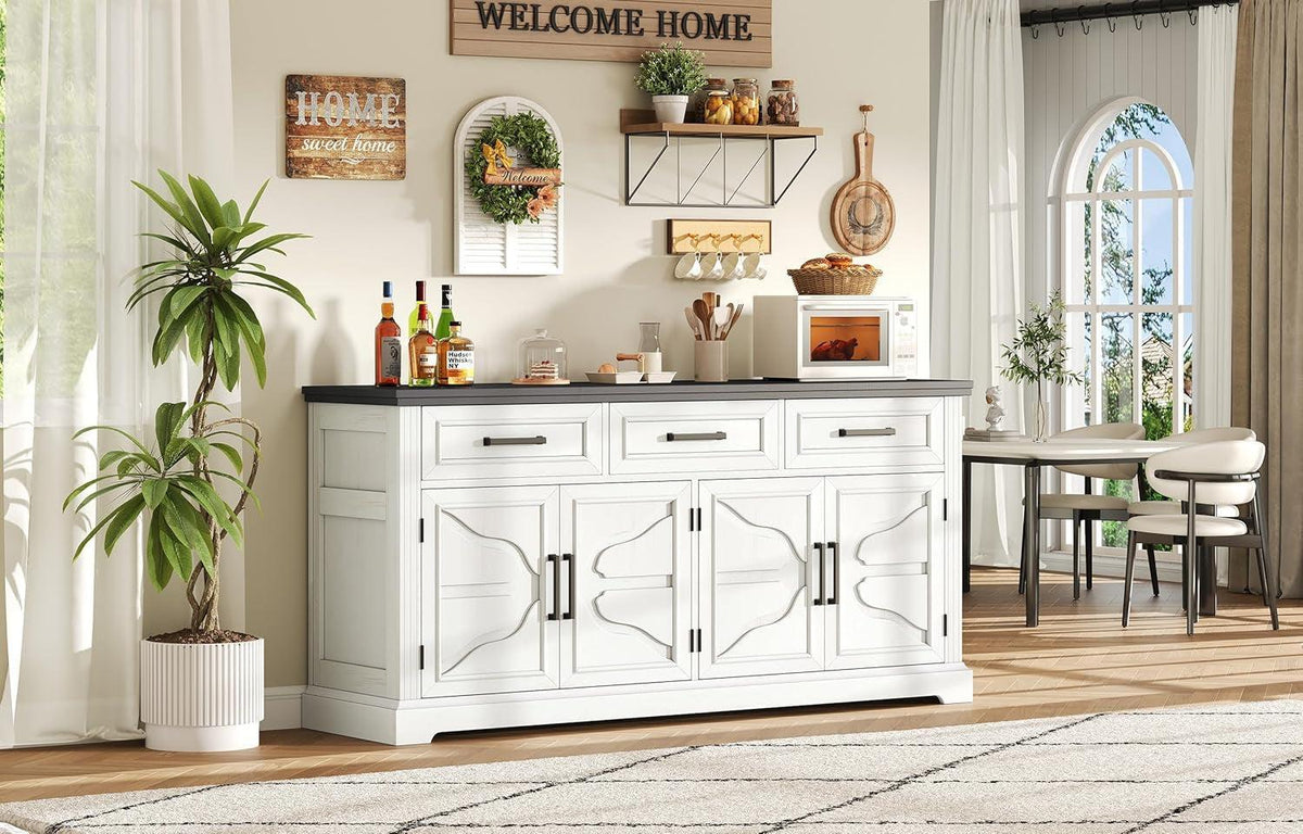 63 Inch Farmhouse White Buffet Sideboard With 3 Drawers