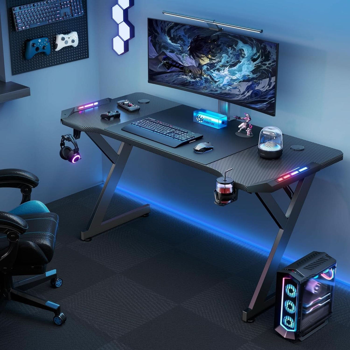 63 Inch Gaming Desk With LED Lights Carbon Fiber Desktop
