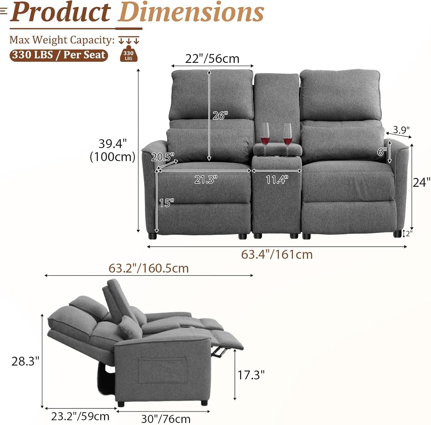 63 Inch Grey Reclining Loveseat Home Theater With Cup Holders