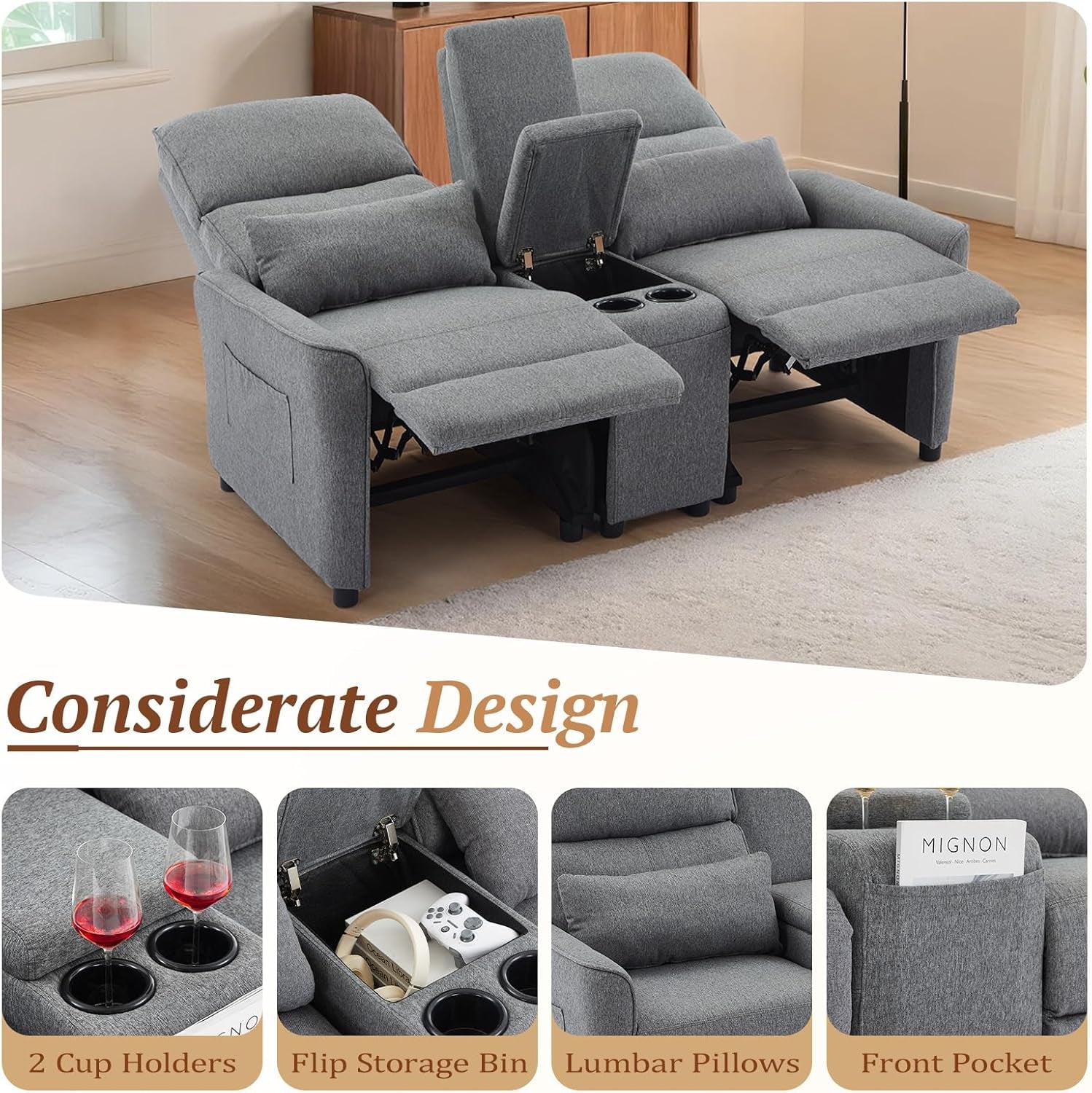 63 Inch Grey Reclining Loveseat Home Theater With Cup Holders