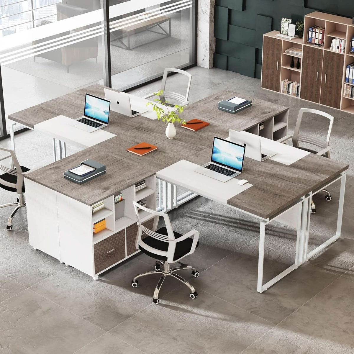 63 Inch L Shaped Desk Gray White With Reversible File Cabinet