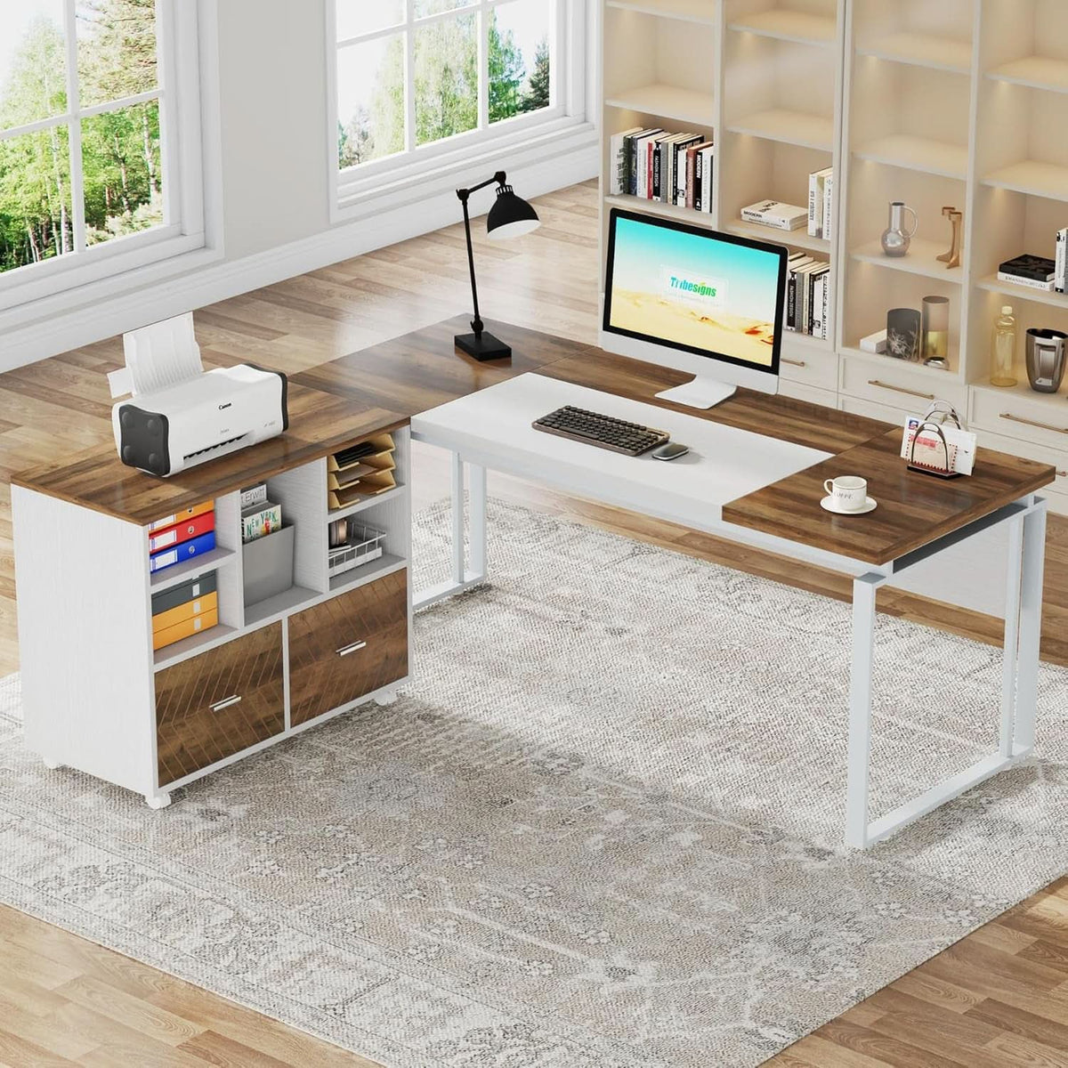 63 Inch L Shaped Desk Reversible Cabinet Natural Oak Wood Finish