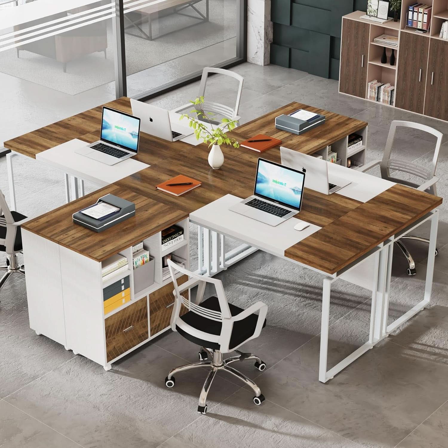 63 Inch L Shaped Desk Reversible Cabinet Natural Oak Wood Finish