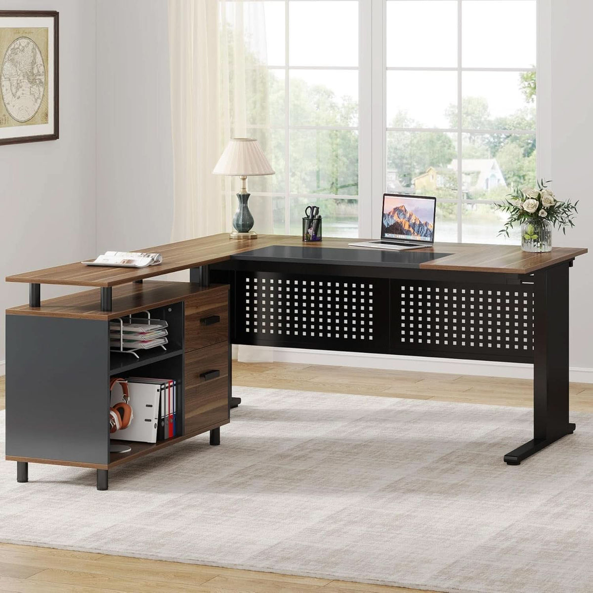 63 Inch L Shaped Desk With File Cabinet For Home Office