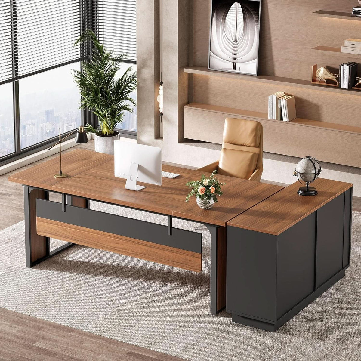 63 Inch L Shaped Executive Desk With Storage Shelves