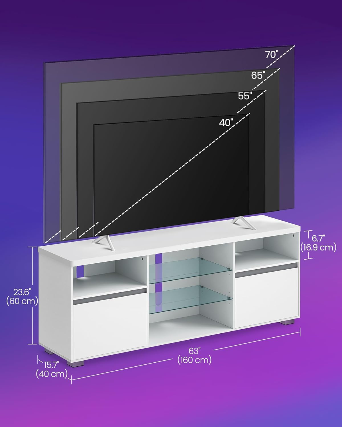63-Inch LED TV Stand For 70-Inch TVs, White Entertainment Center