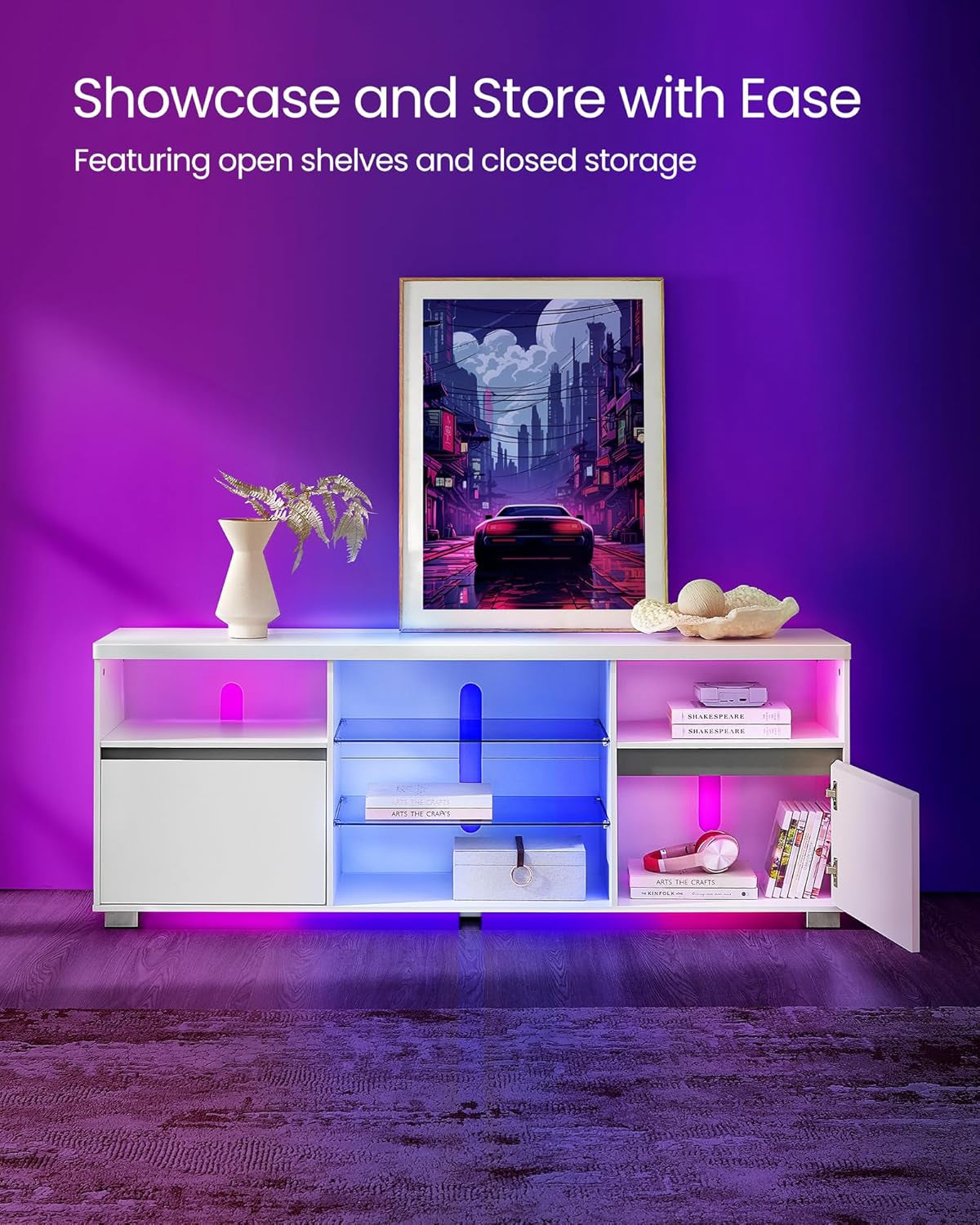63-Inch LED TV Stand For 70-Inch TVs, White Entertainment Center