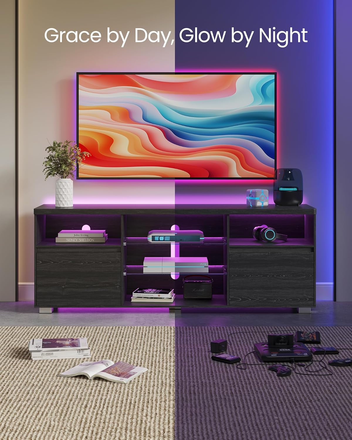 63 Inch LED TV Stand With Glass Shelves And Cabinet Doors
