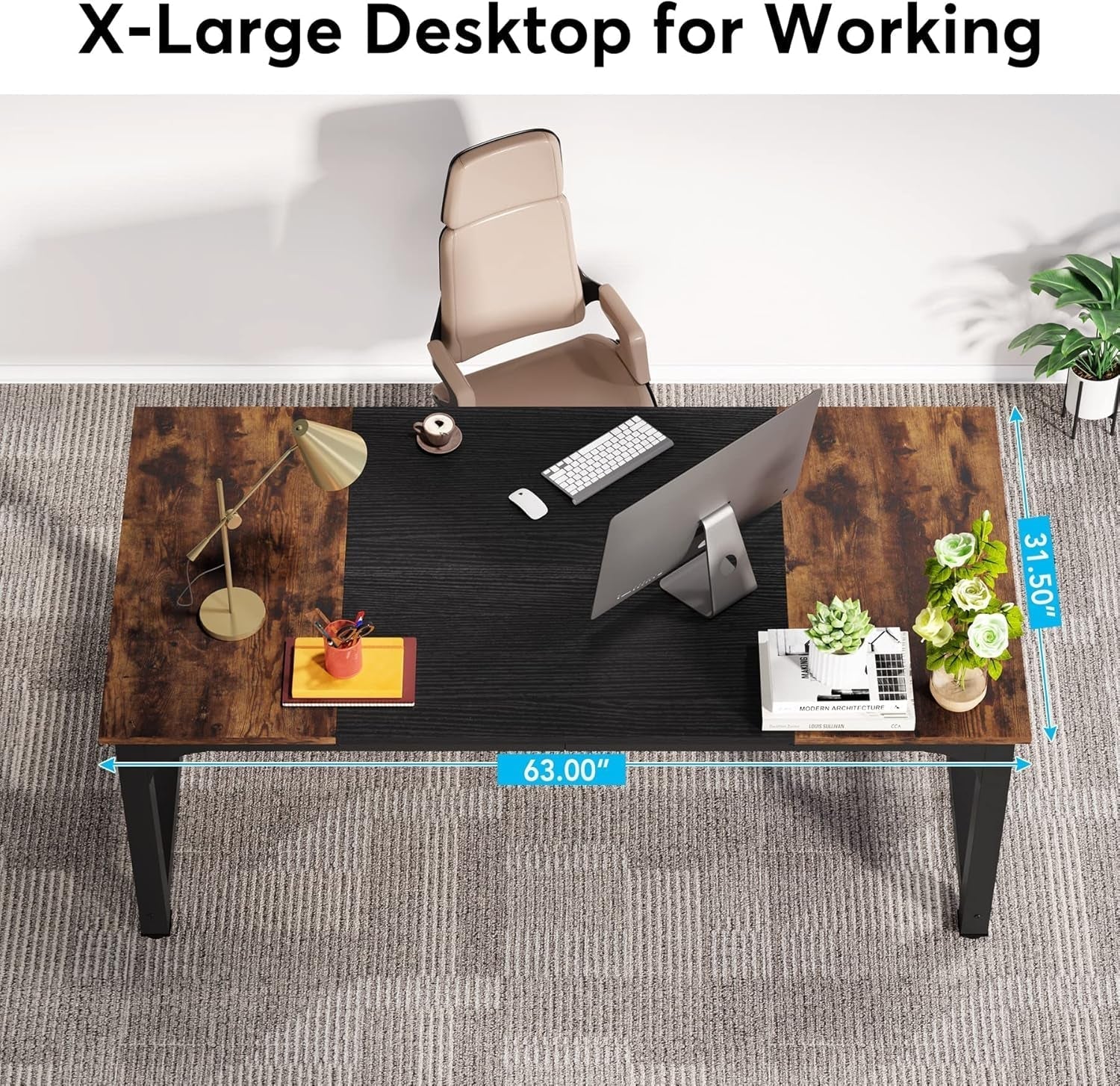 63 Inch Large Executive Computer Desk Brown Black Office