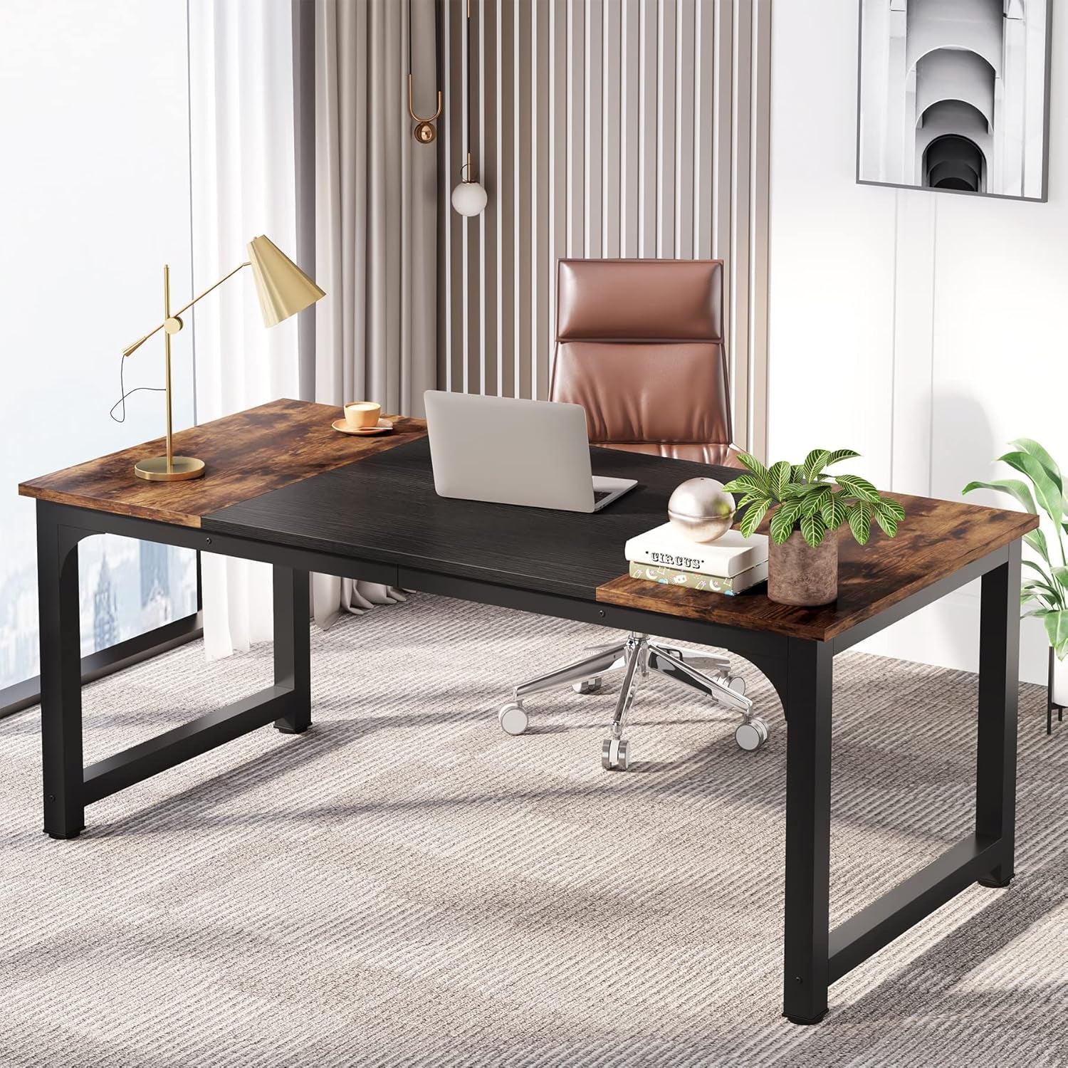 63 Inch Large Executive Computer Desk Brown Black Office