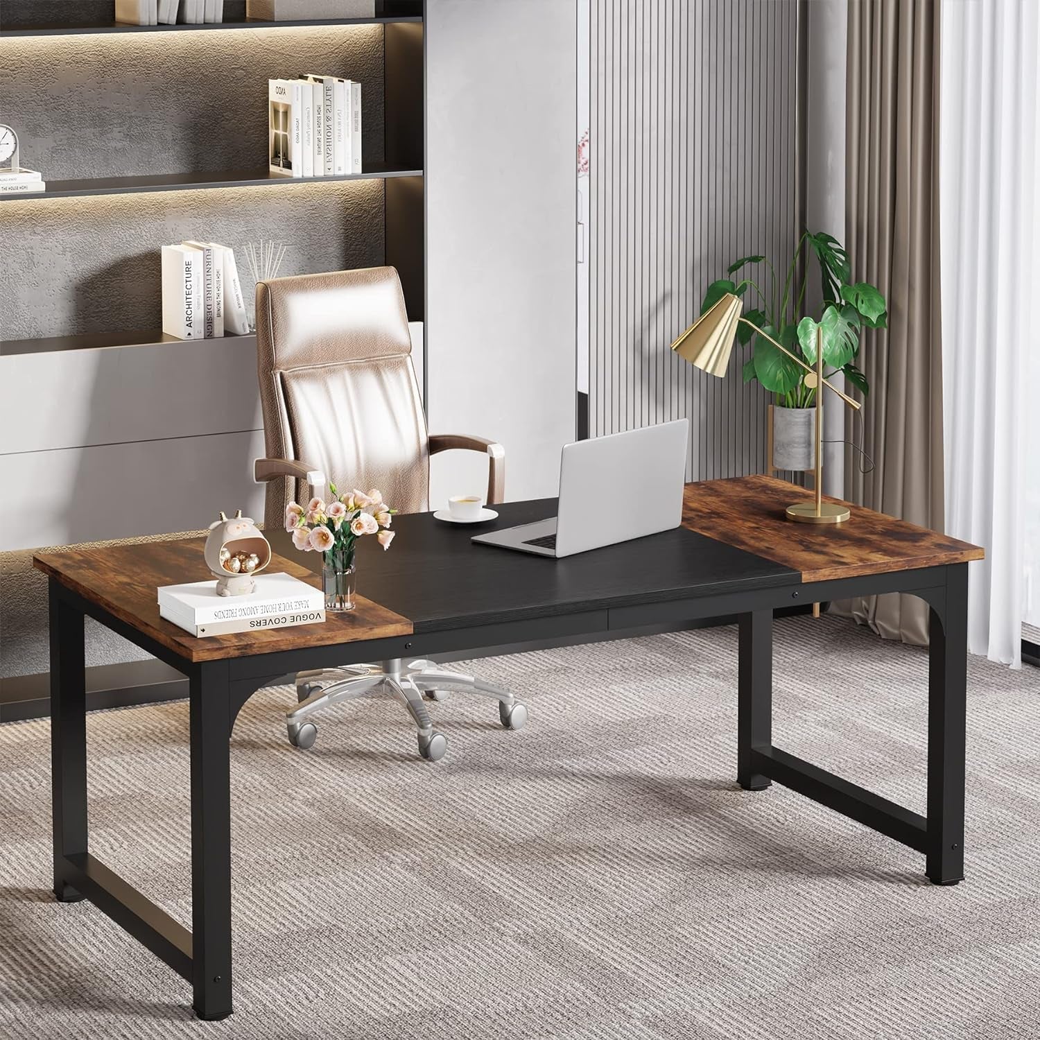63 Inch Large Executive Computer Desk Brown Black Office