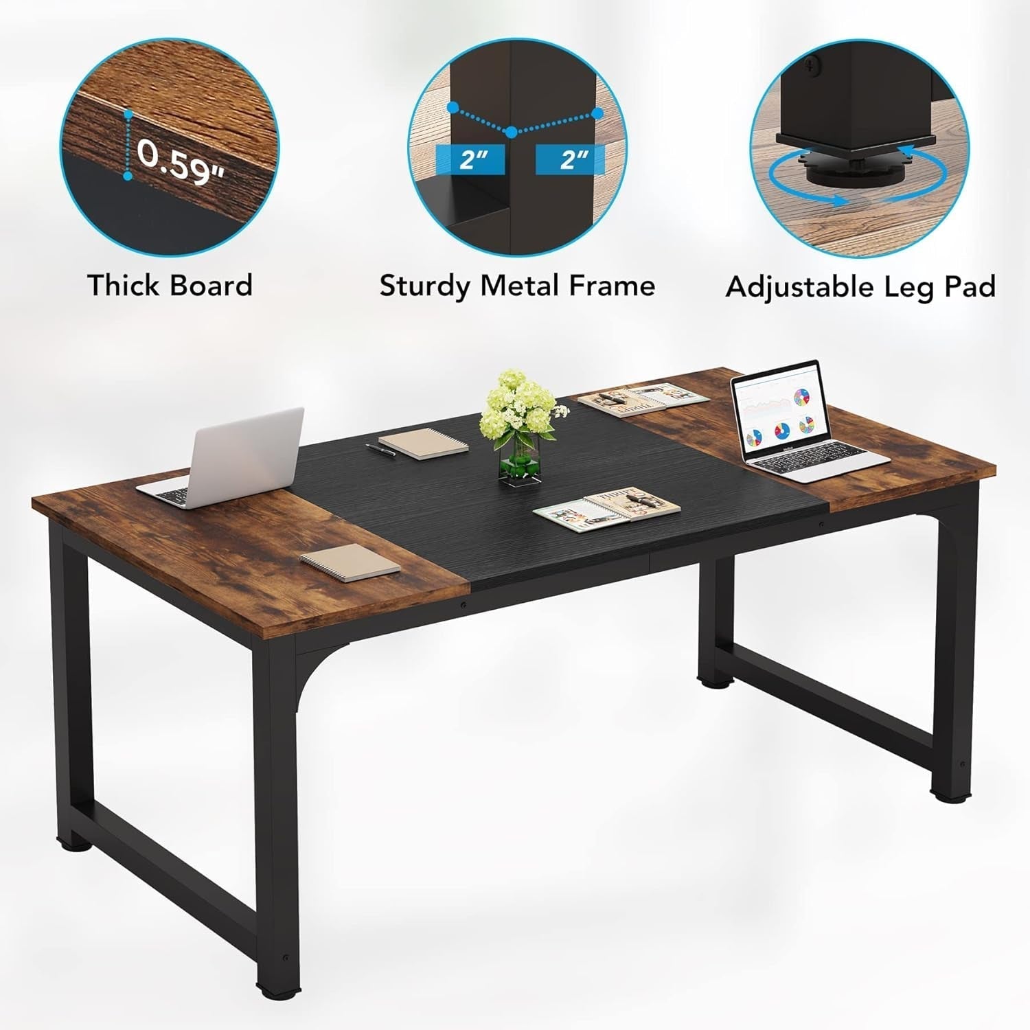 63 Inch Large Executive Computer Desk Brown Black Office