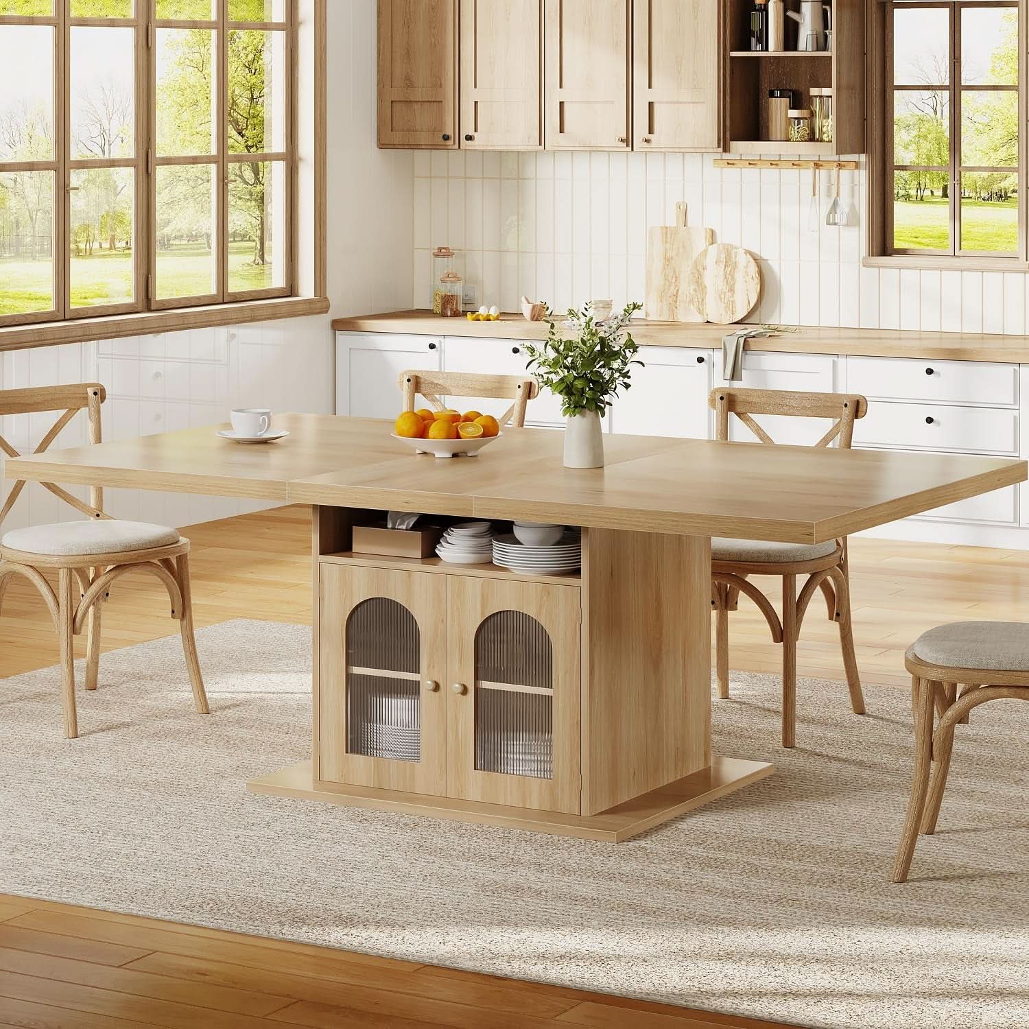 63 Inch Light Oak Farmhouse Dining Table For Four To Six