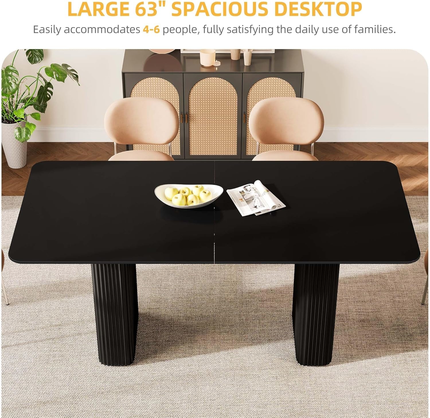 63 Inch Modern Dining Table With Curved Legs Matte Black