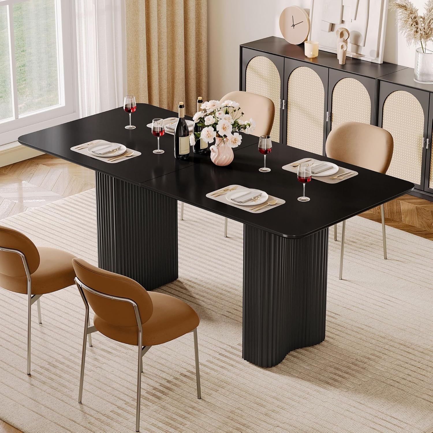 63 Inch Modern Dining Table With Curved Legs Matte Black