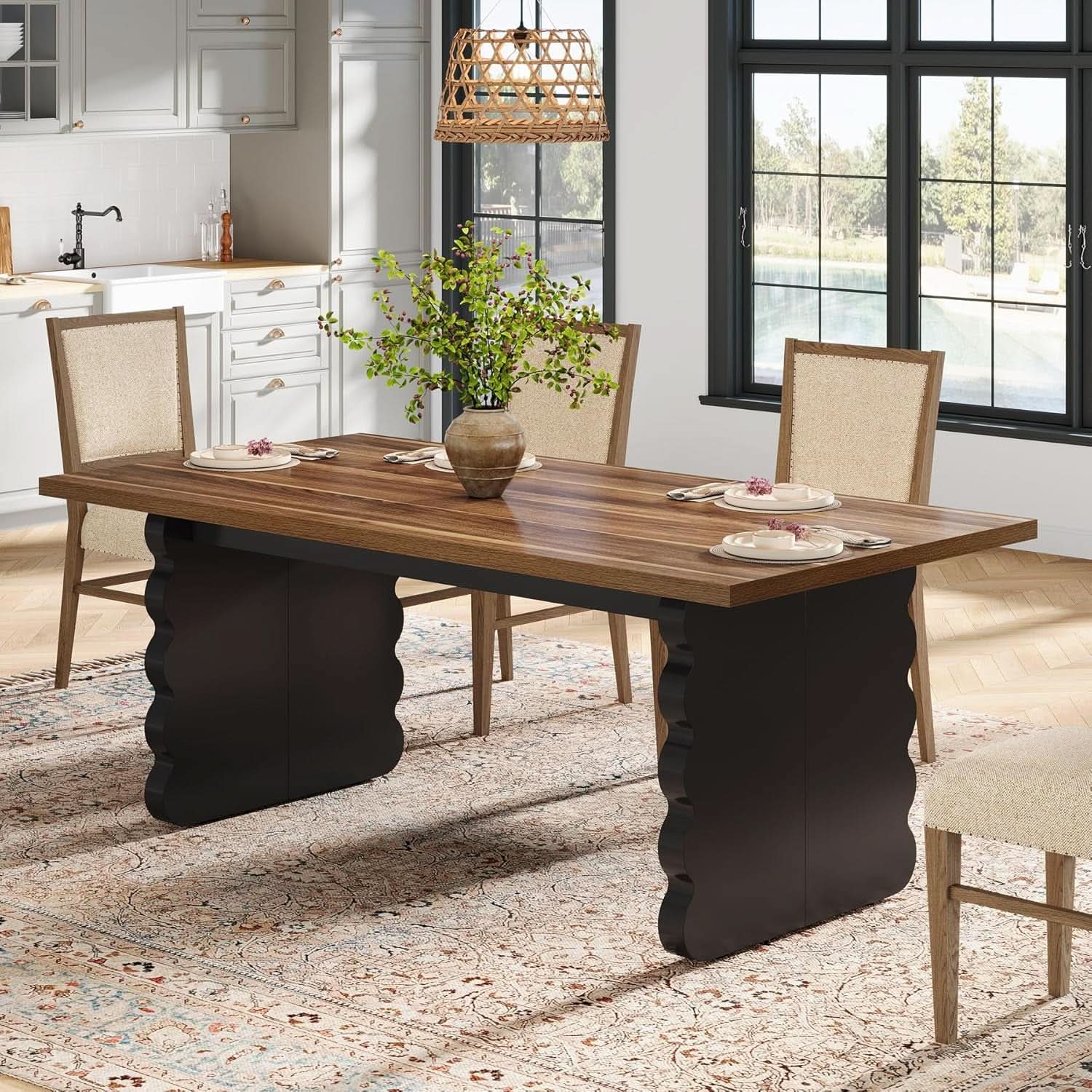 63 Inch Modern Wooden Dining Table With Black Wavy Legs