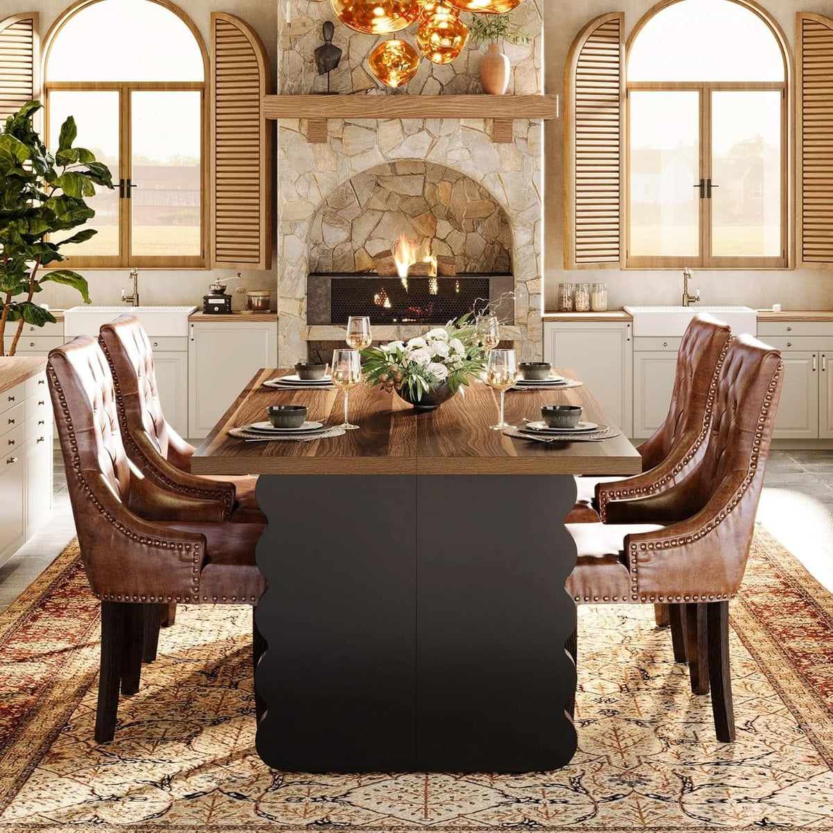 63 Inch Modern Wooden Dining Table With Black Wavy Legs