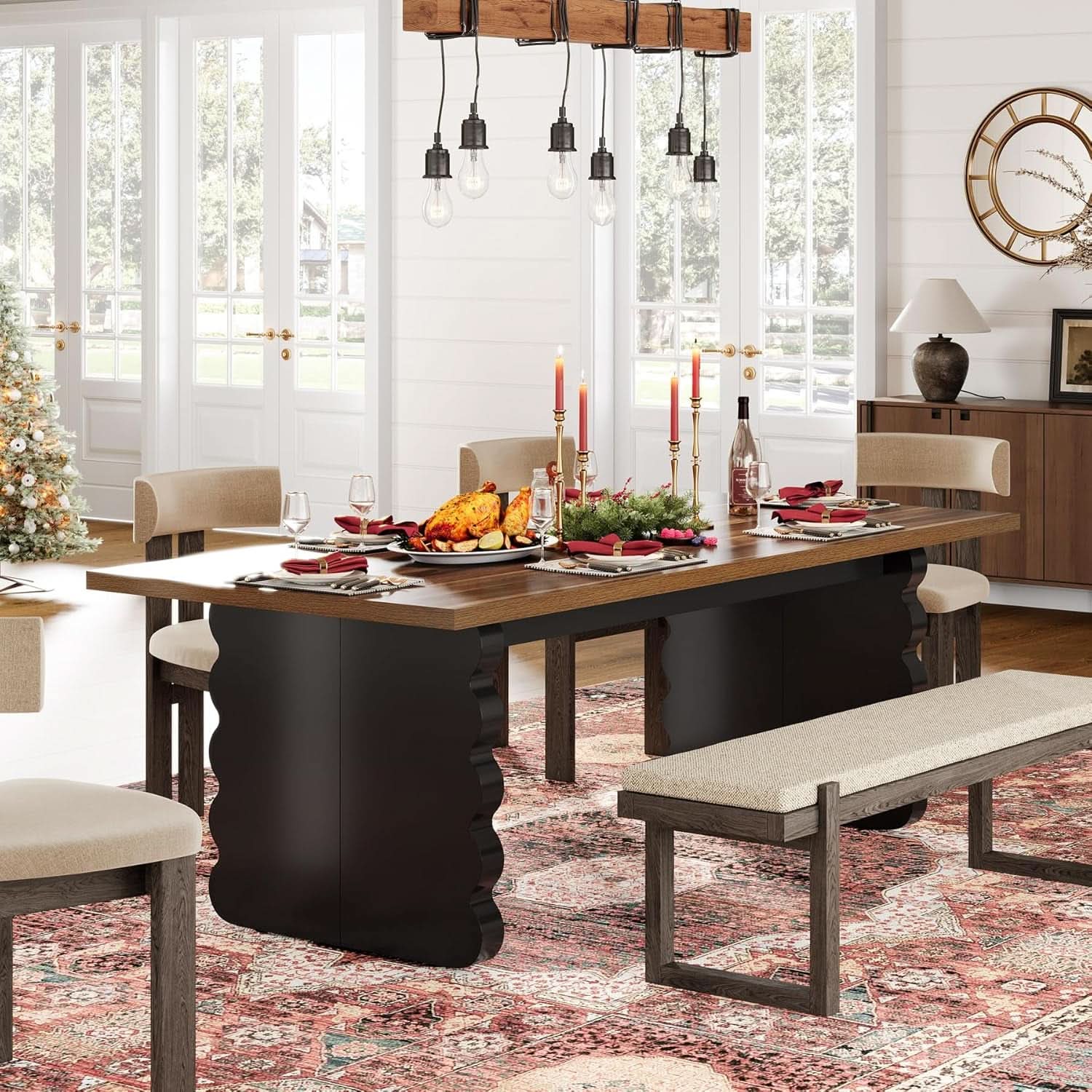 63 Inch Modern Wooden Dining Table With Black Wavy Legs