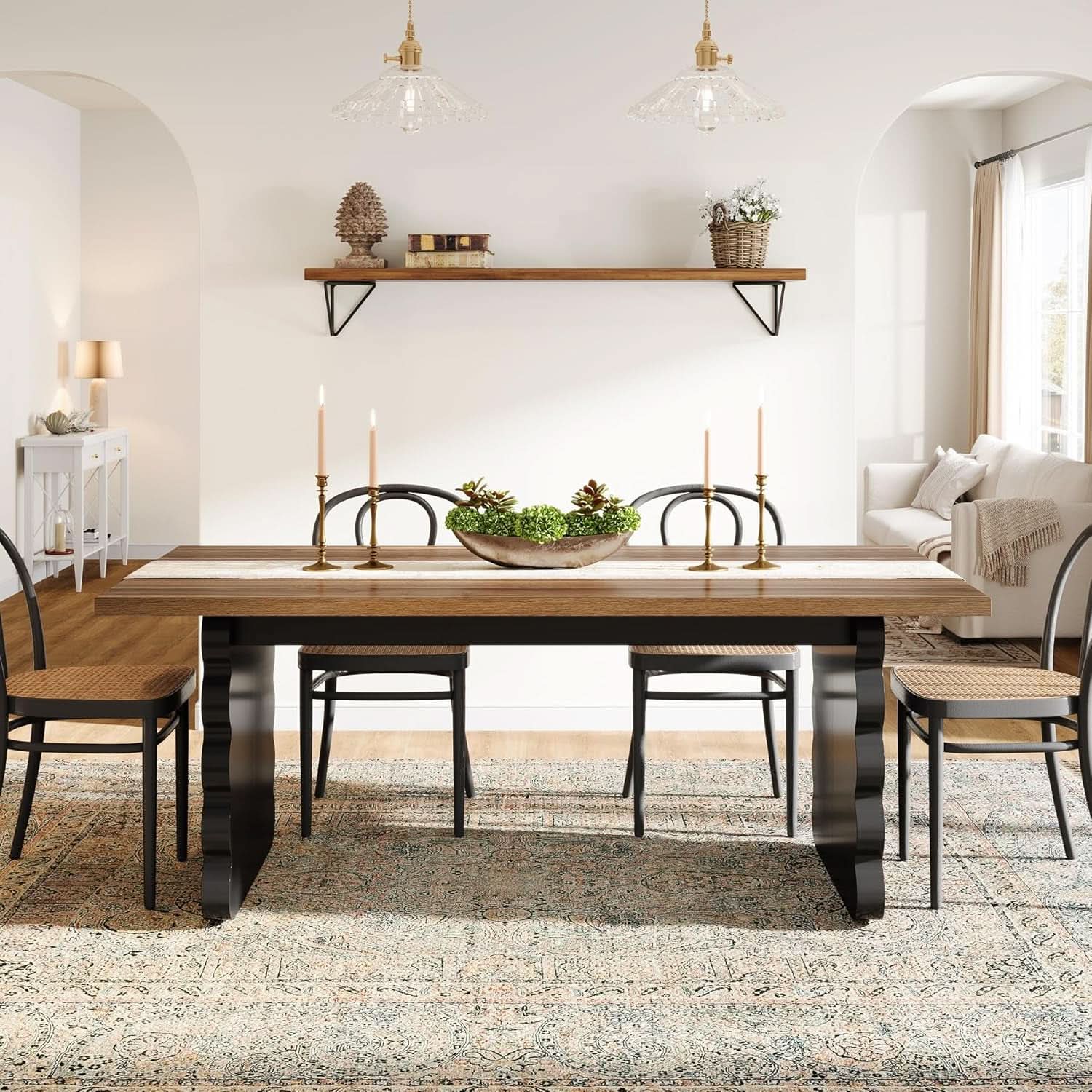 63 Inch Modern Wooden Dining Table With Black Wavy Legs