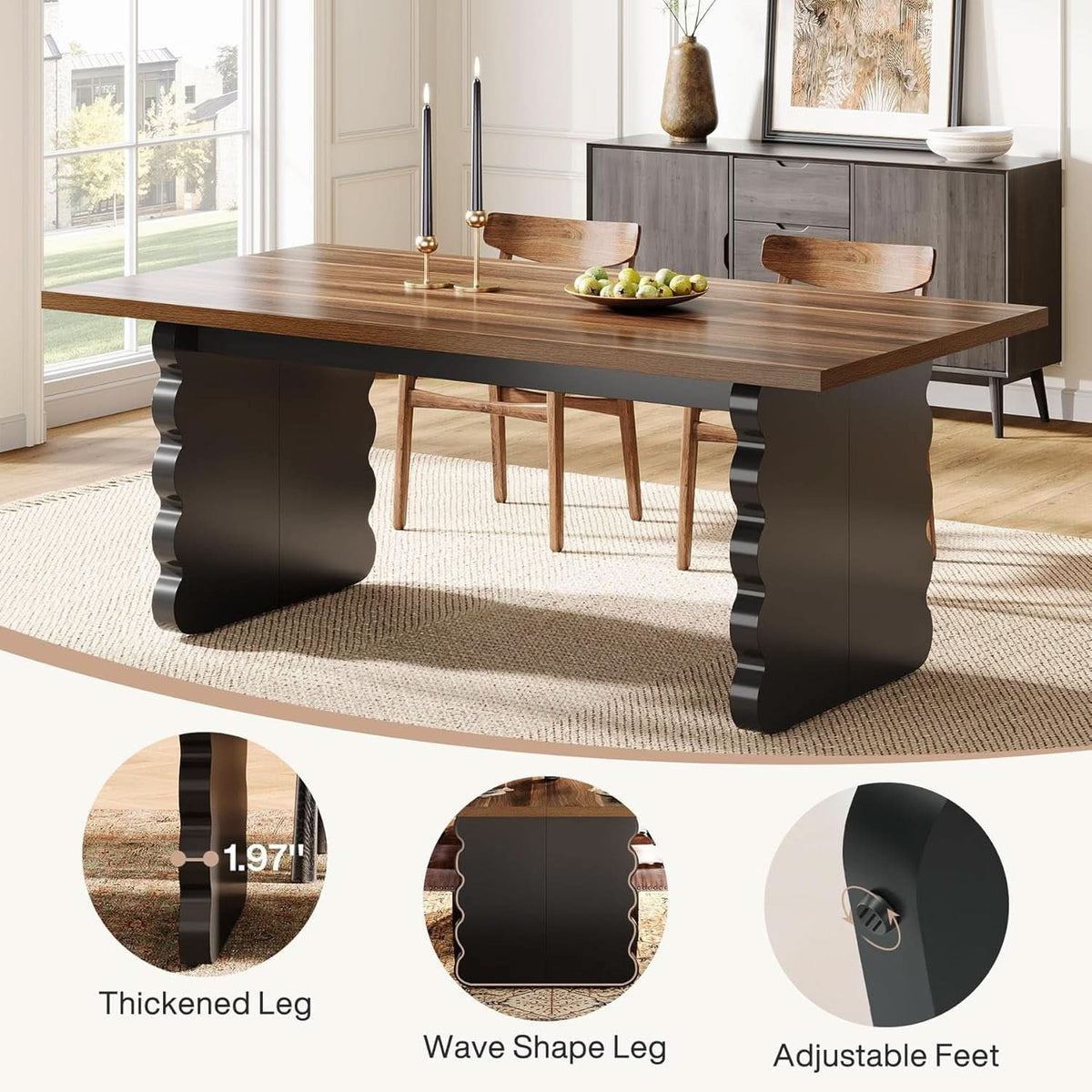 63 Inch Modern Wooden Dining Table With Black Wavy Legs