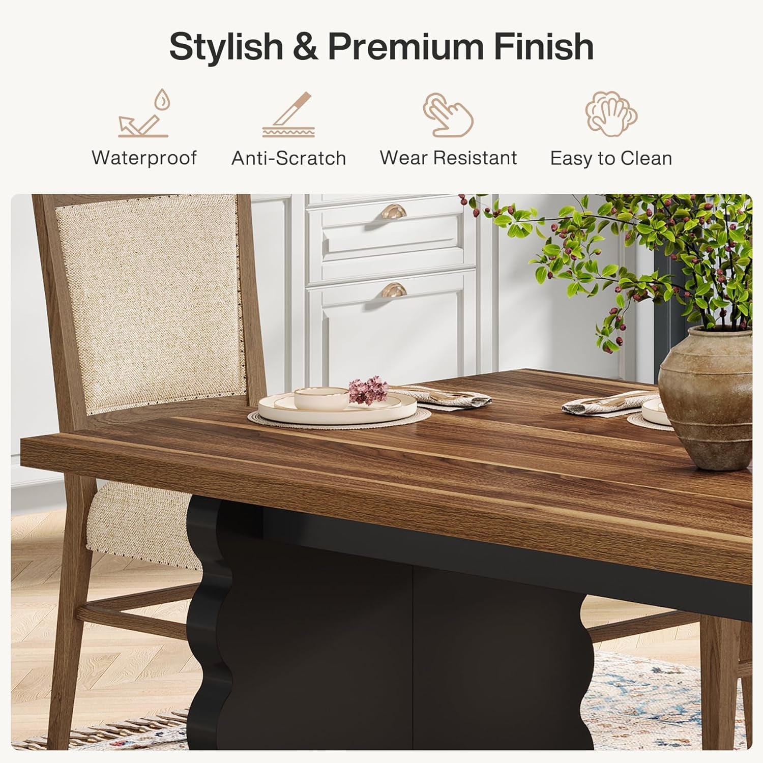 63 Inch Modern Wooden Dining Table With Black Wavy Legs