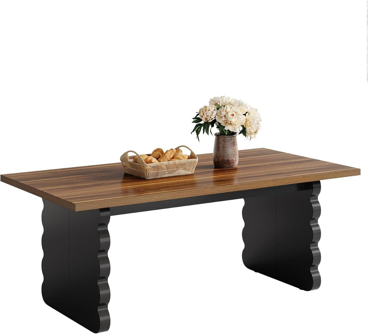 63 Inch Modern Wooden Dining Table With Black Wavy Legs