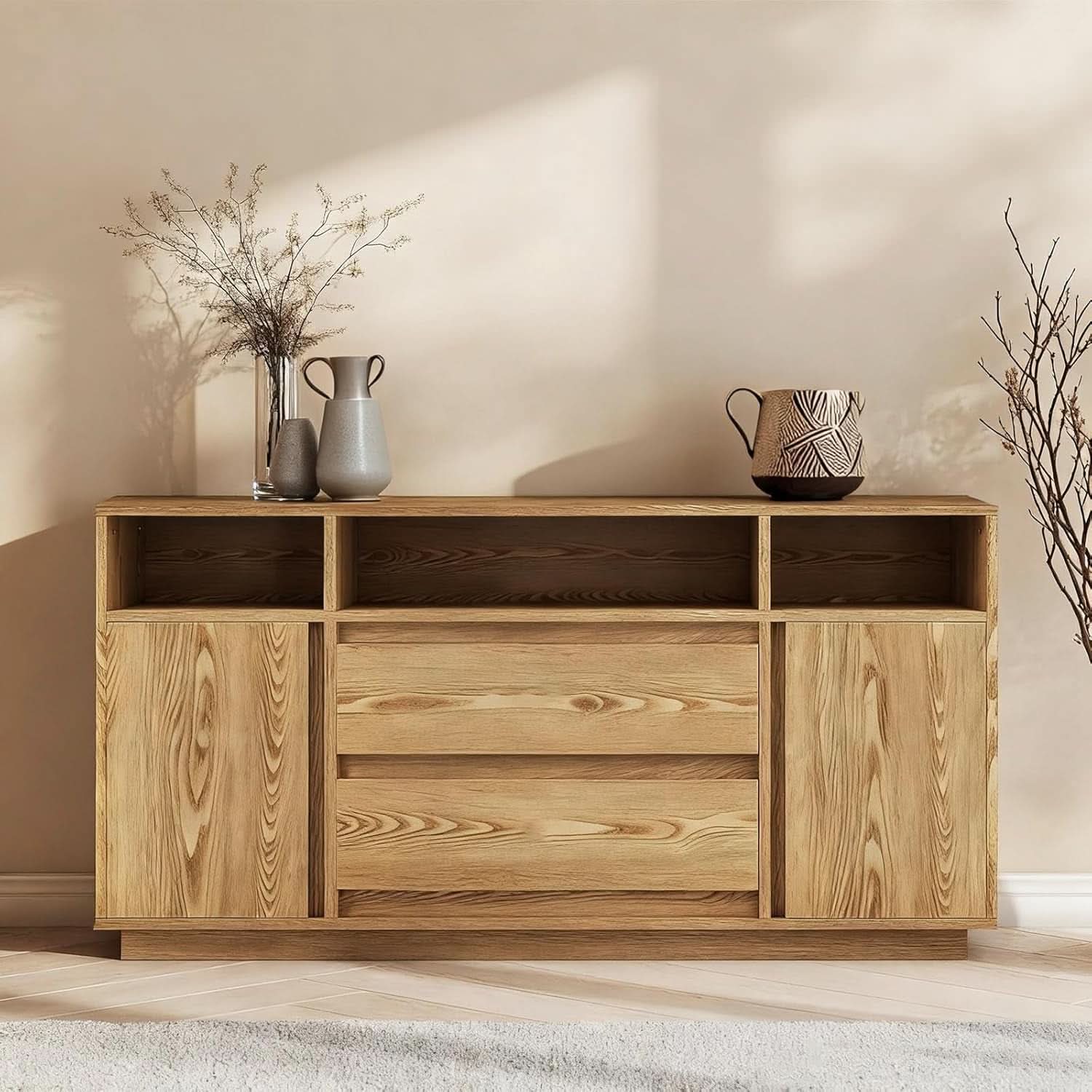 63 Inch Natural Solid Wood Sideboard With Drawers Storage