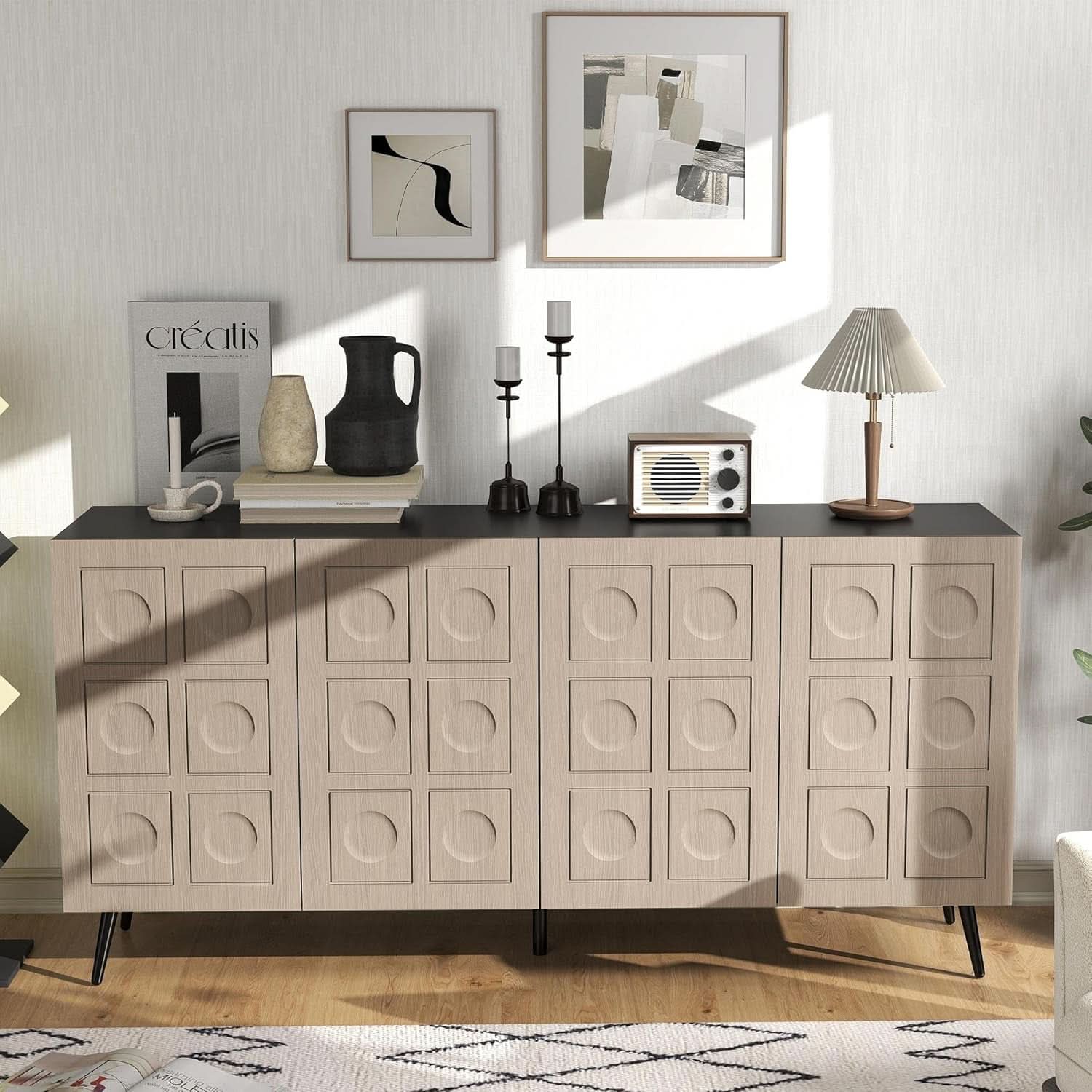 63 Inch Oak And Black Mid Century Modern Sideboard