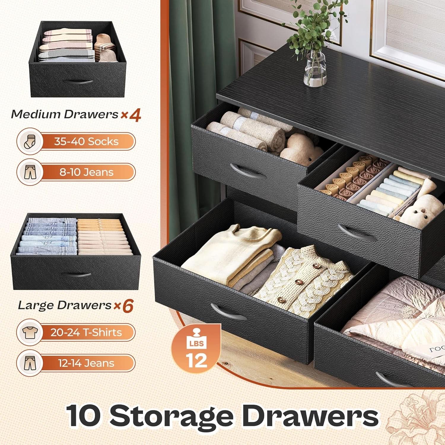 63 Inch TV Stand Dresser With 10 Fabric Drawers Black