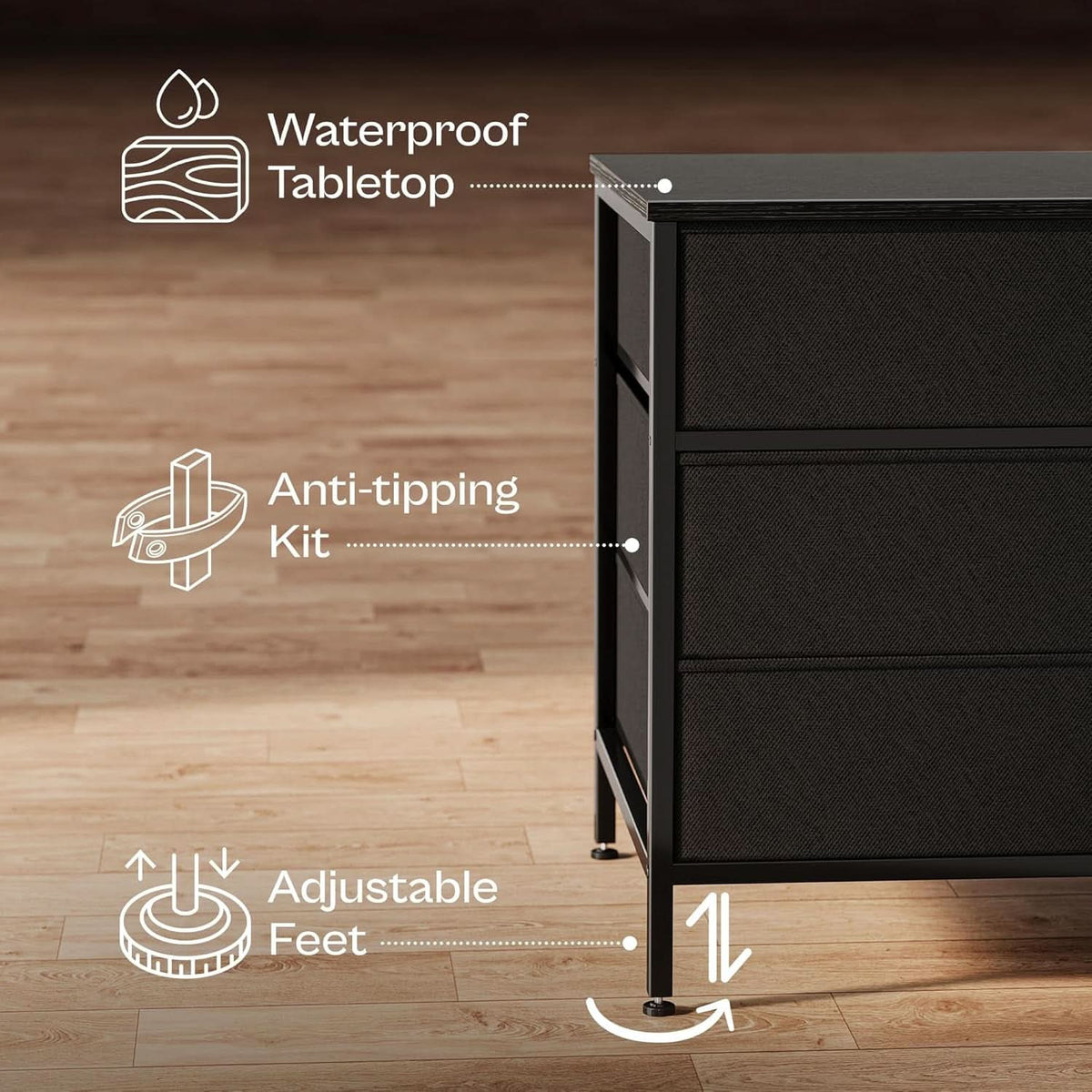 63 Inch TV Stand Dresser With 10 Fabric Drawers Black