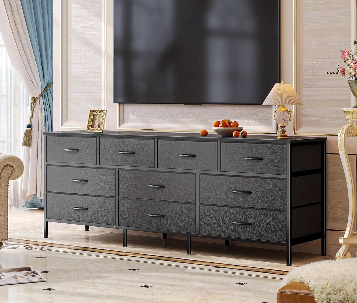 63 Inch TV Stand Dresser With 10 Fabric Drawers Black