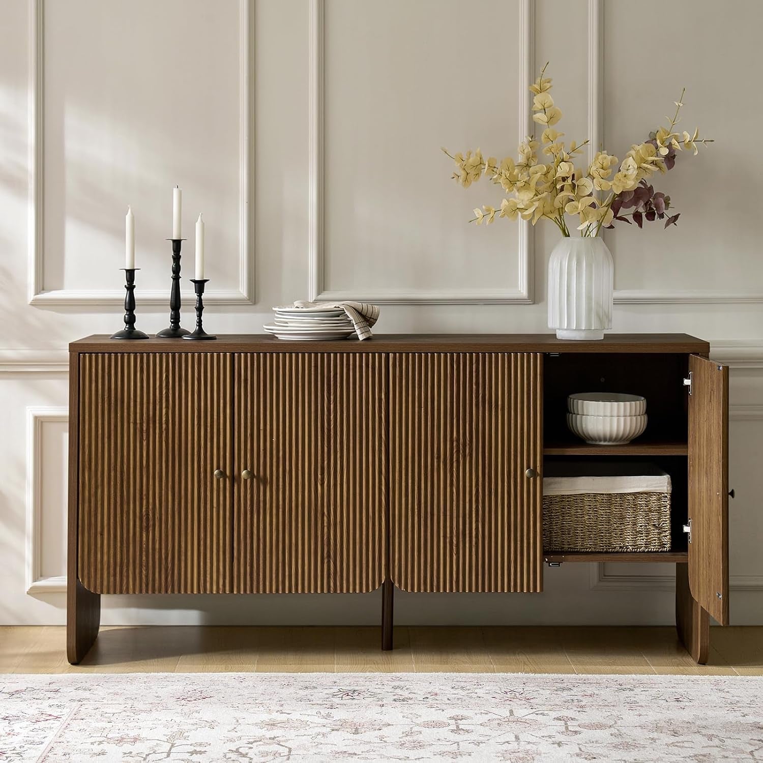 63 Inch Walnut Sideboard With Storage Cabinet Dining Room