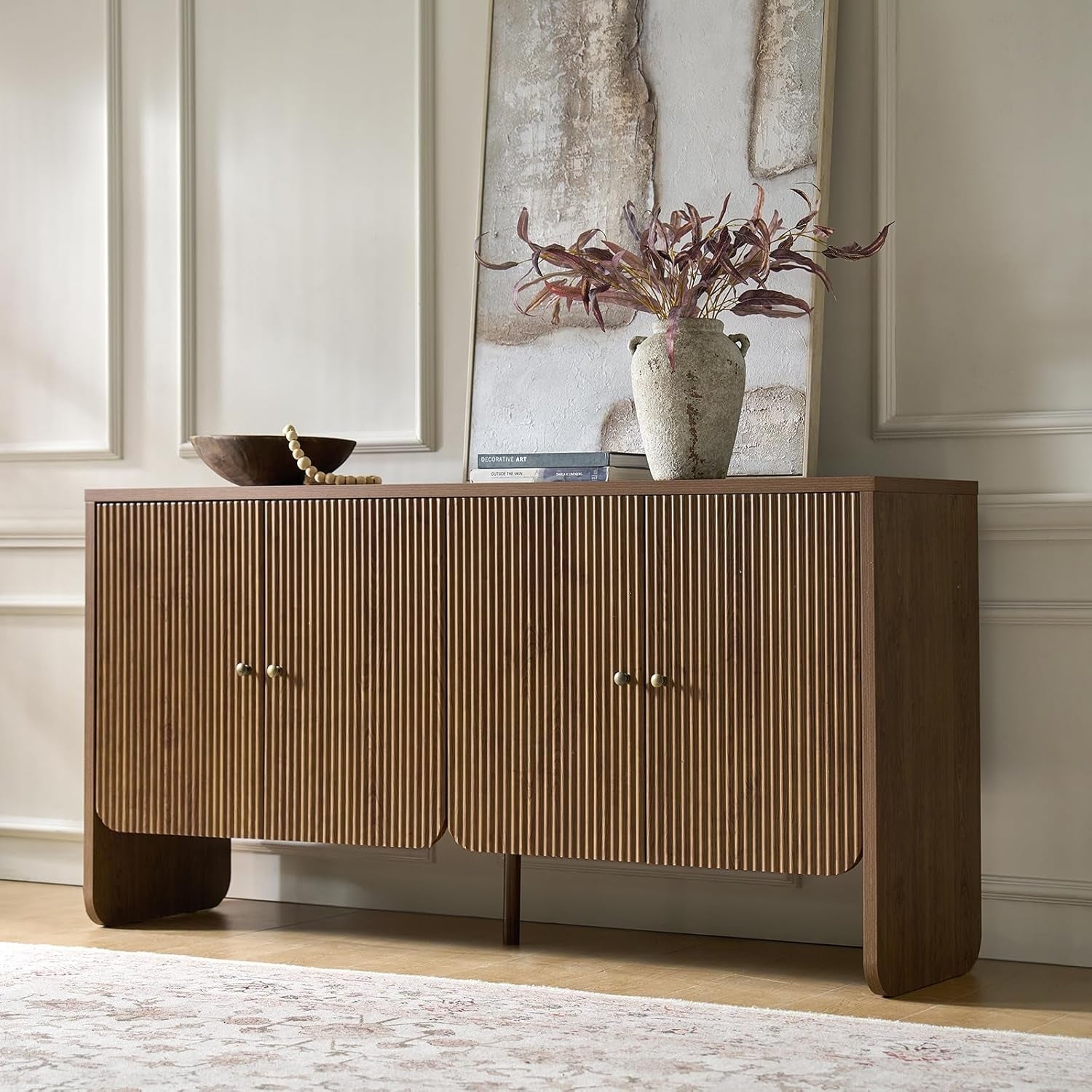 63 Inch Walnut Sideboard With Storage Cabinet Dining Room