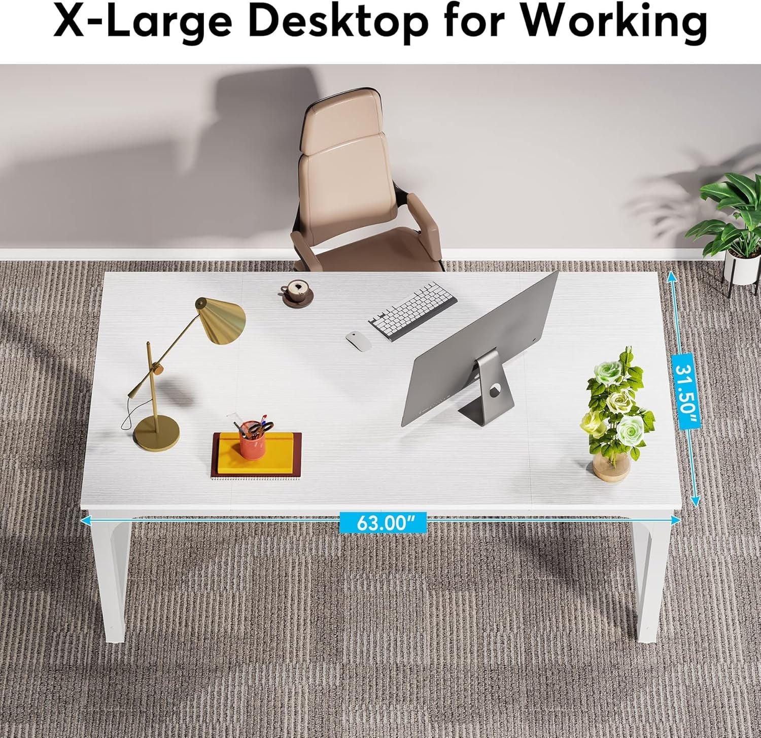 63 Inch White Executive Computer Desk For Office Space