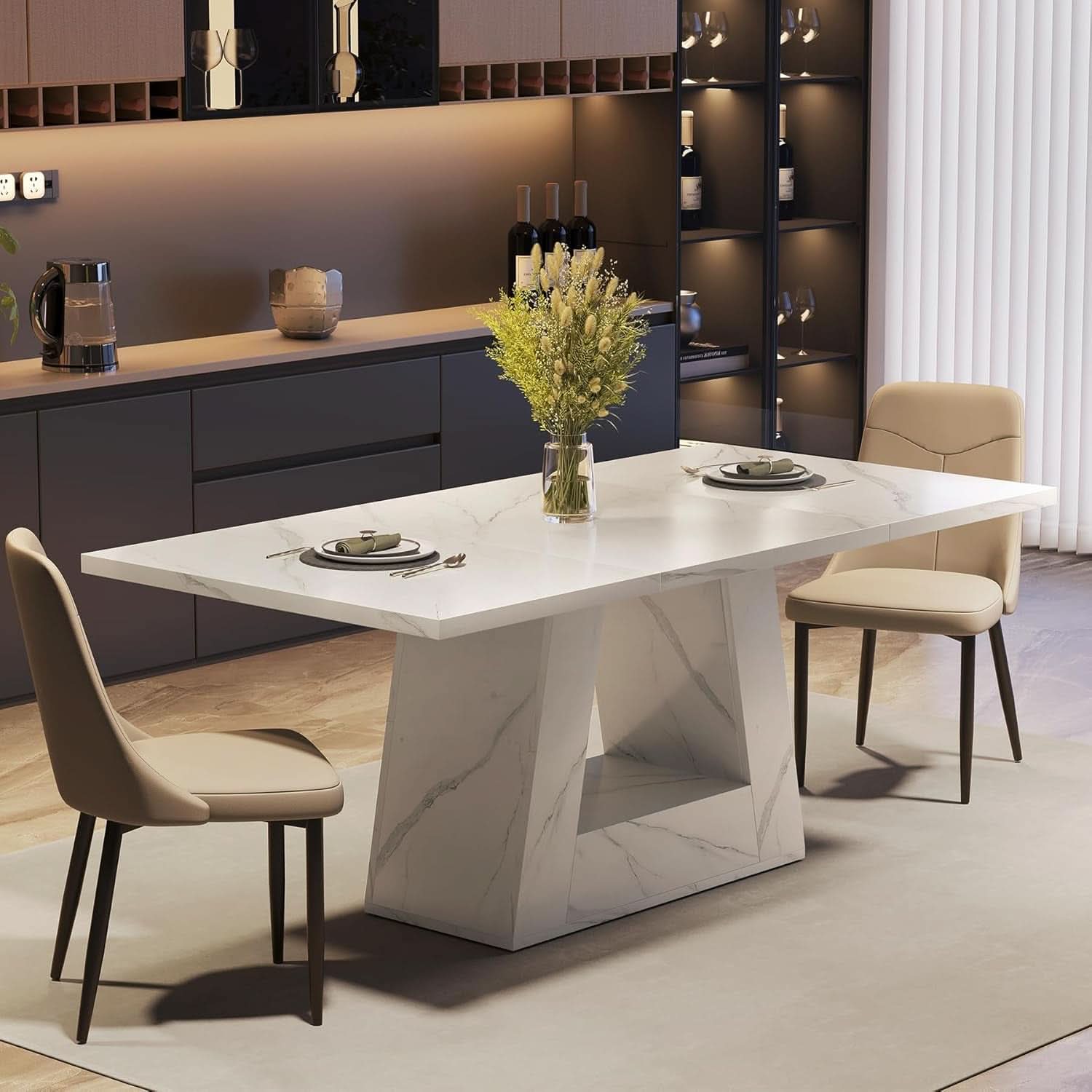 63 Inch White Faux Marble Dining Table Rectangular