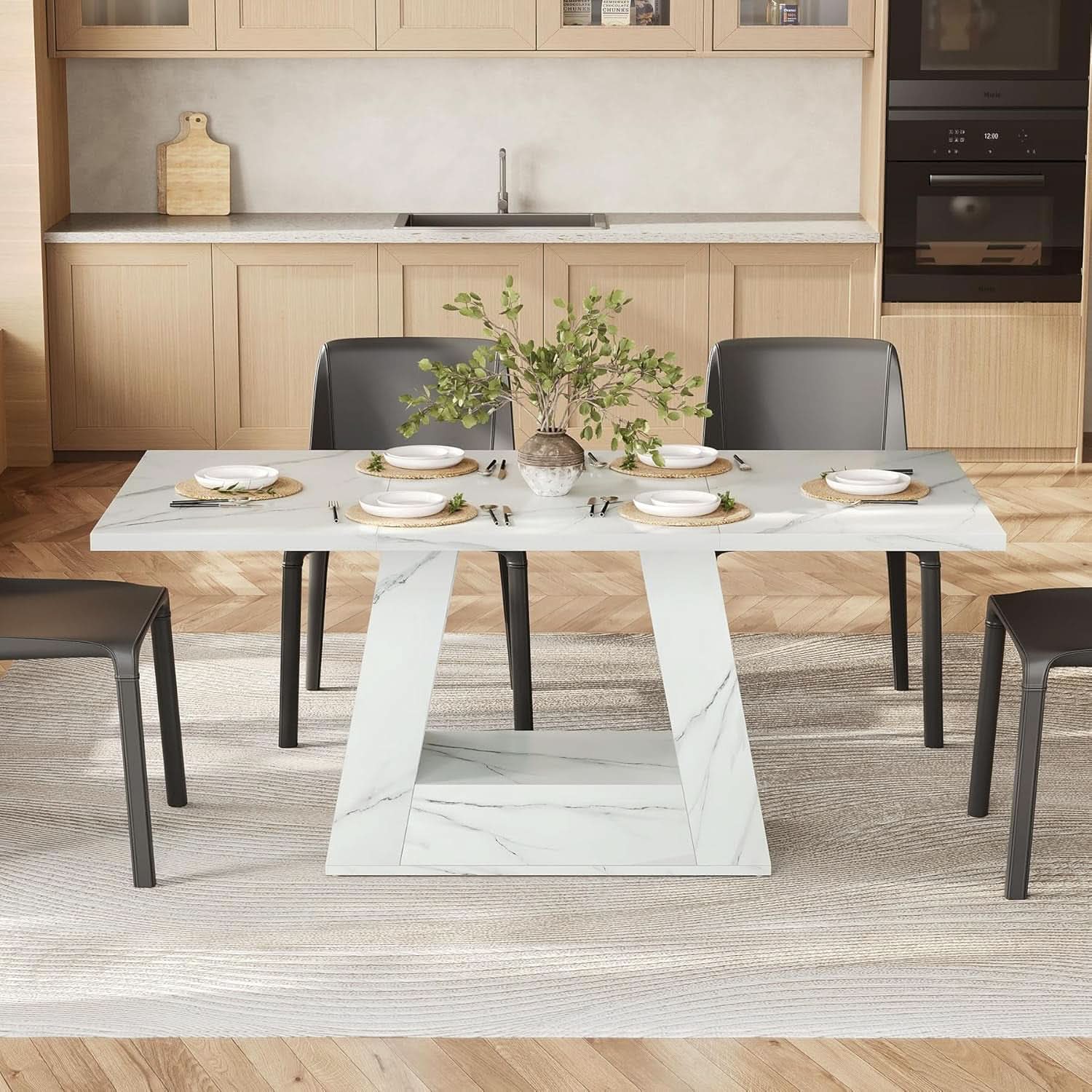 63 Inch White Faux Marble Dining Table Rectangular