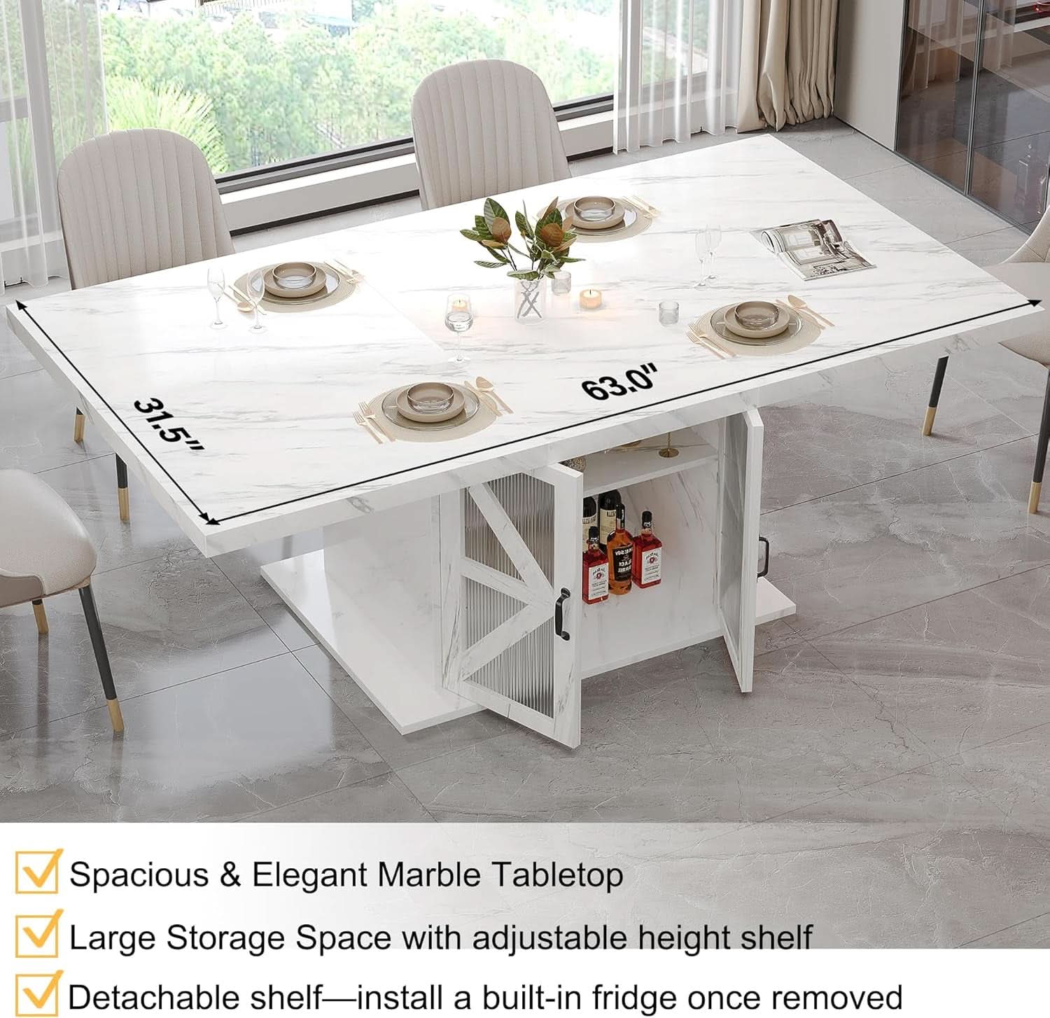 63 Inch White Rectangular Dining Table With Storage