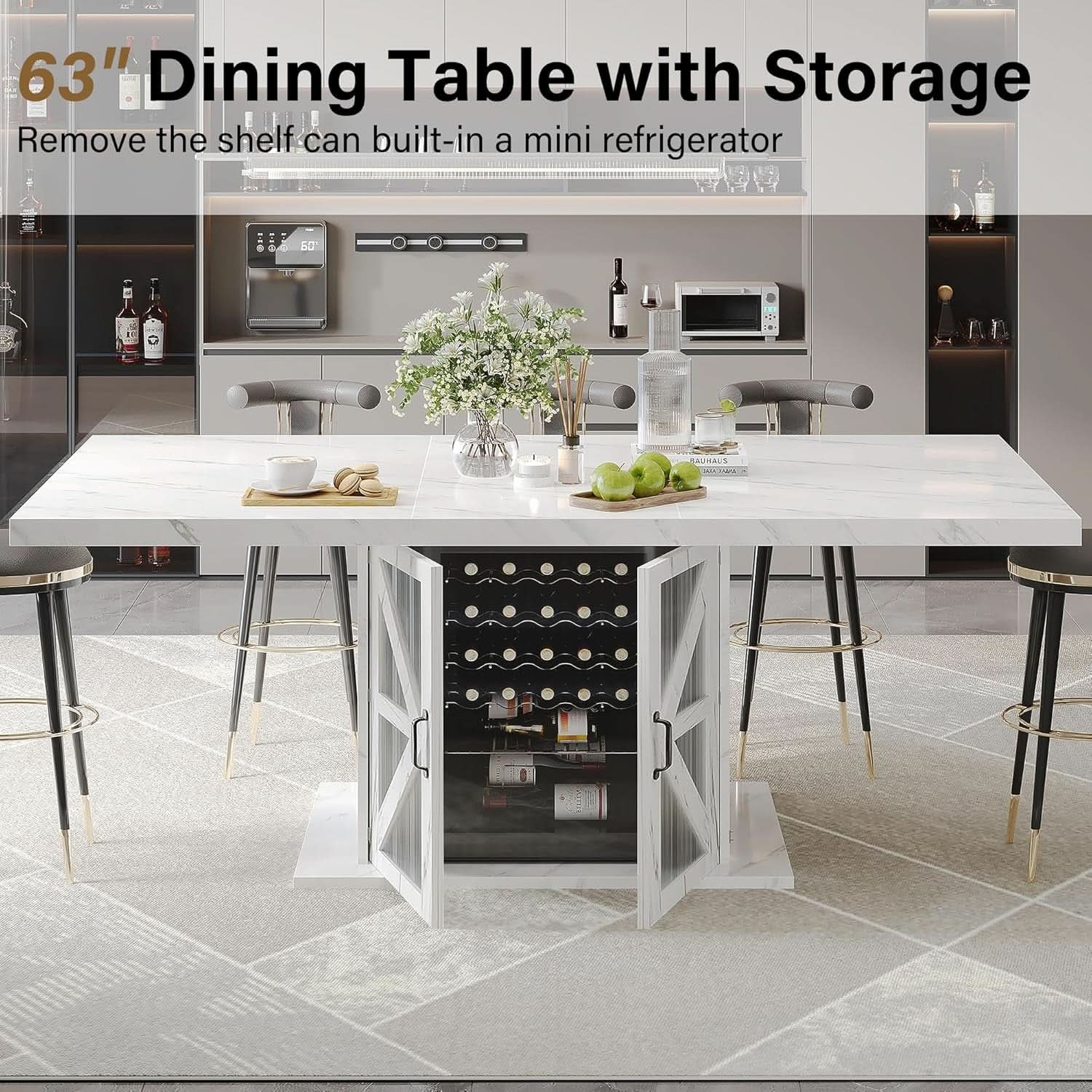 63 Inch White Rectangular Dining Table With Storage