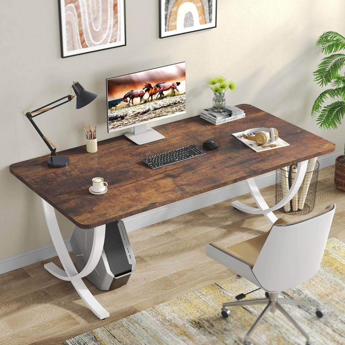 63 Inch White Walnut Executive Desk With Sturdy Steel Frame