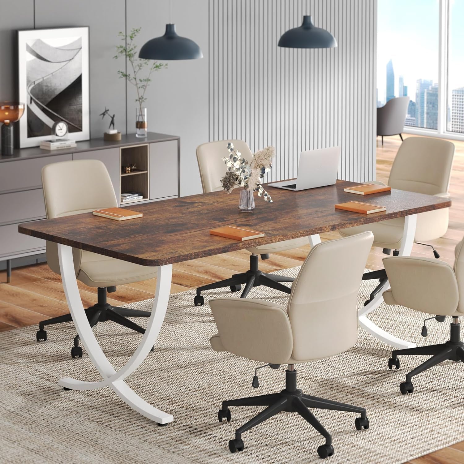 63 Inch White Walnut Executive Desk With Sturdy Steel Frame
