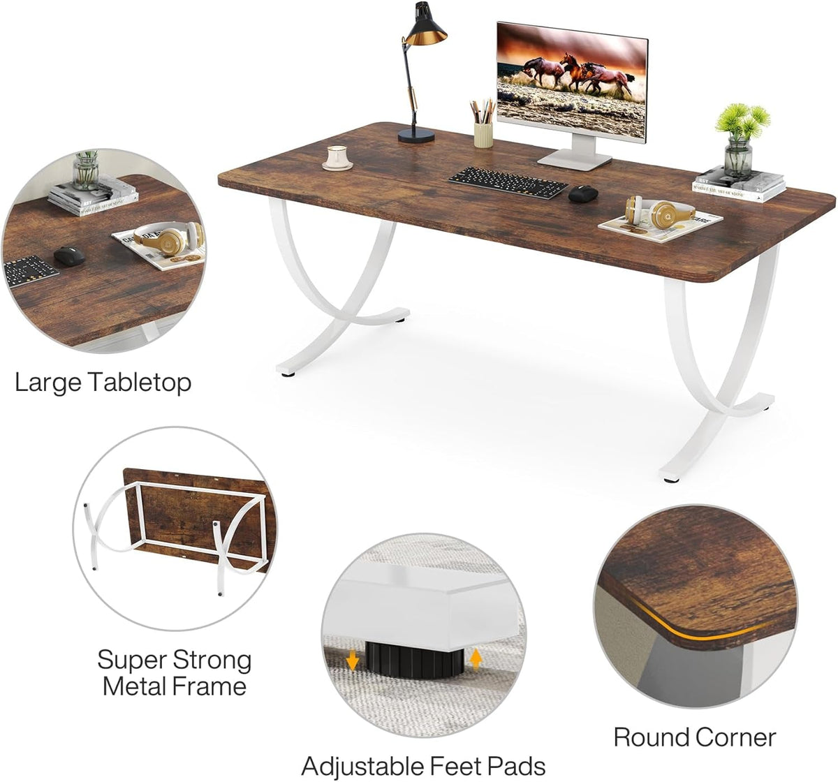 63 Inch White Walnut Executive Desk With Sturdy Steel Frame