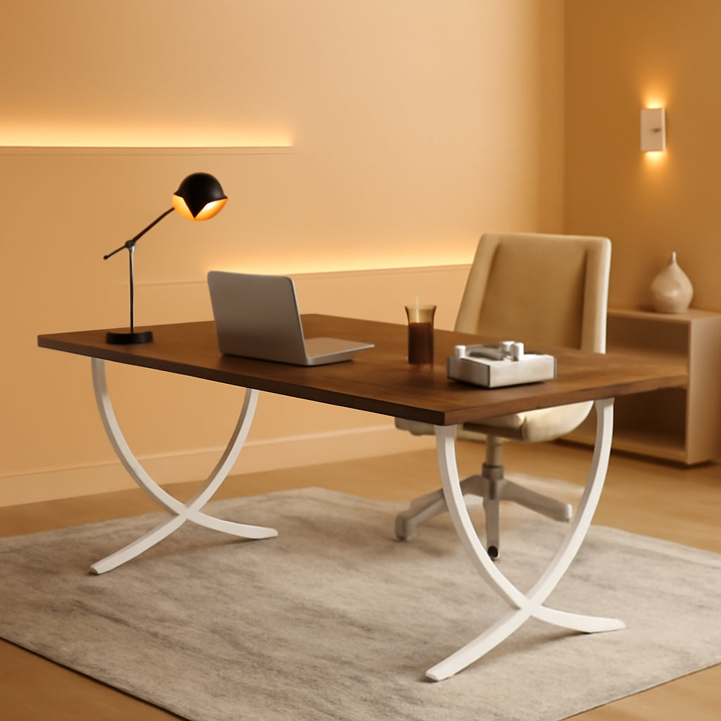 63 Inch White Walnut Executive Desk With Sturdy Steel Frame