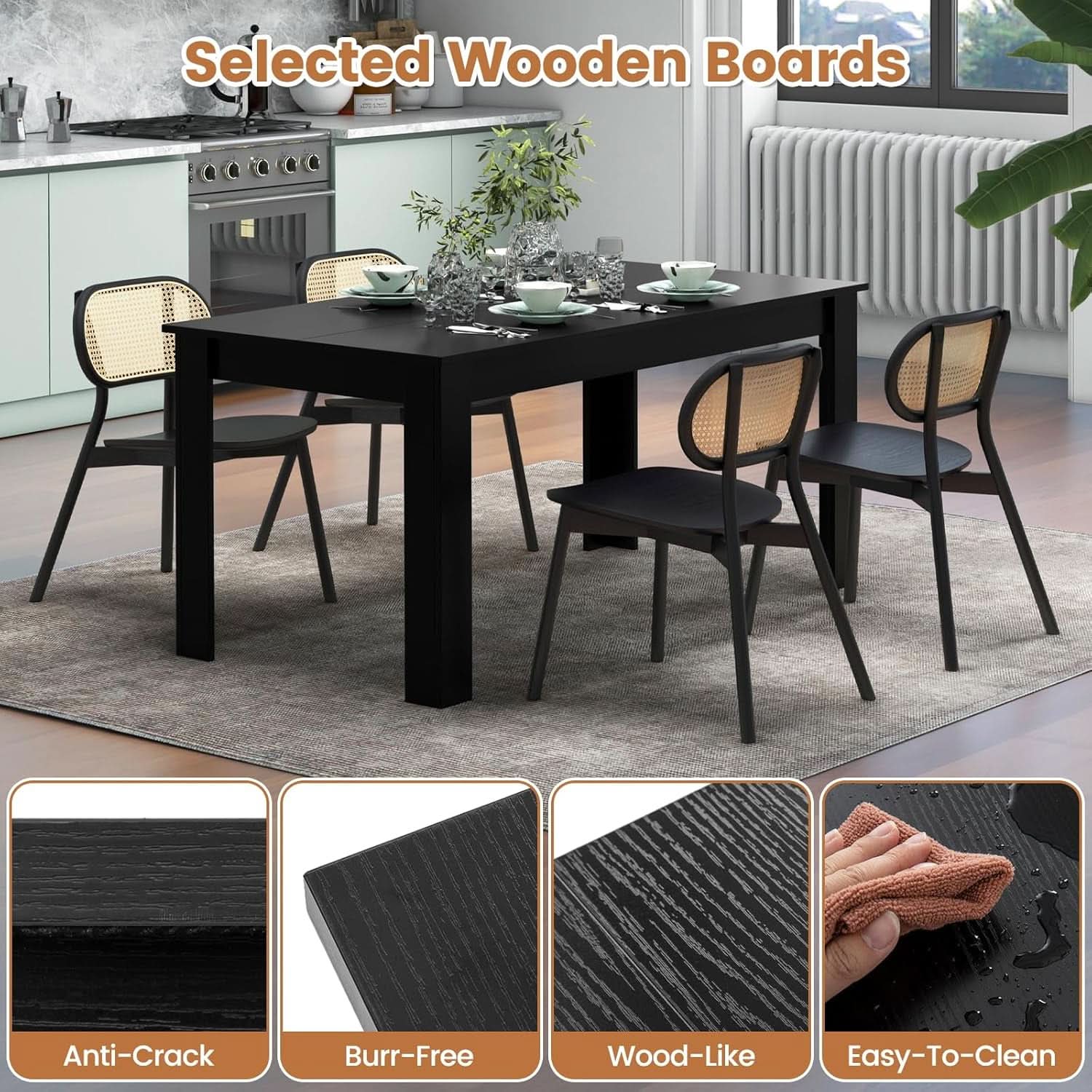 63 Inch Wood Dining Table For Four To Six People Black