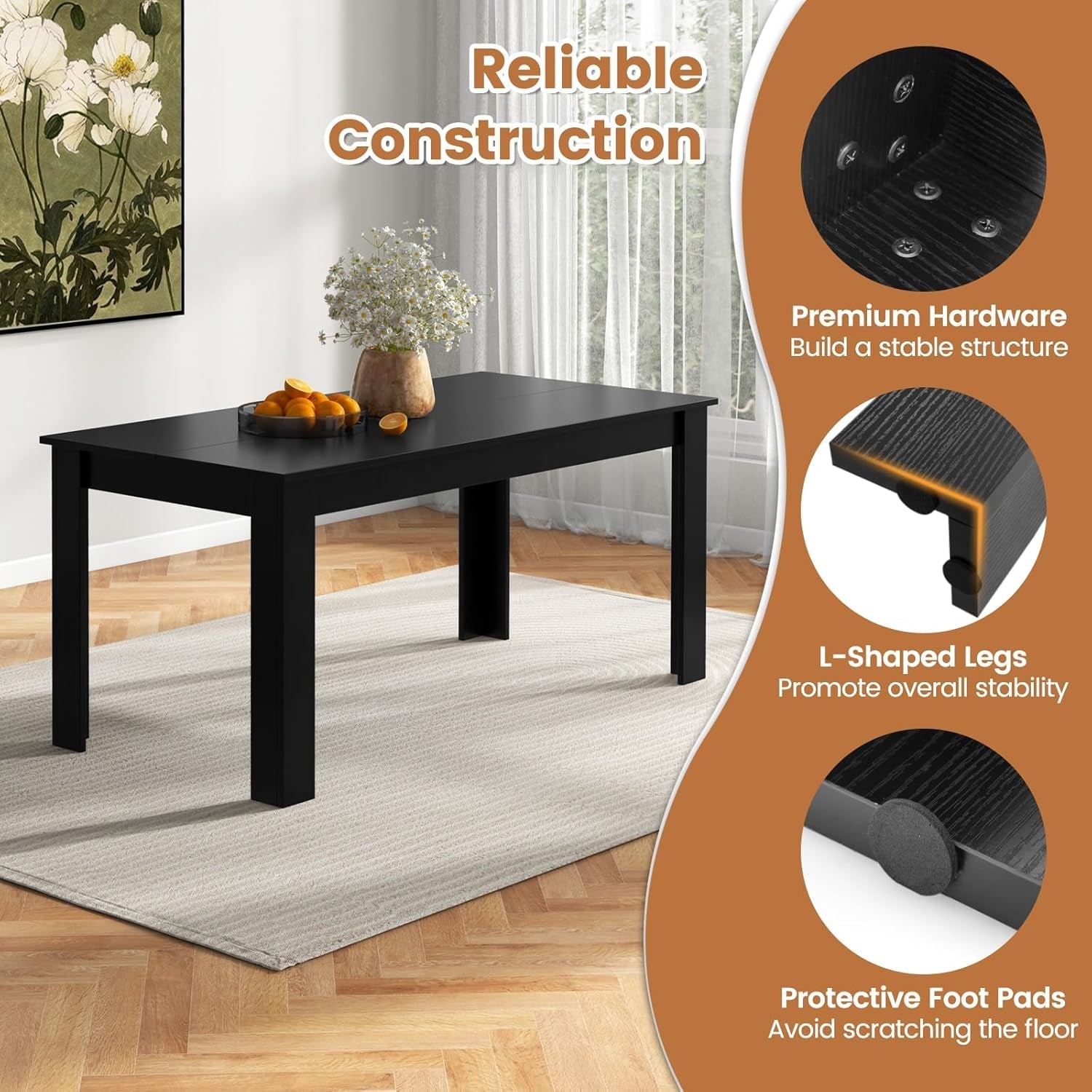 63 Inch Wood Dining Table For Four To Six People Black