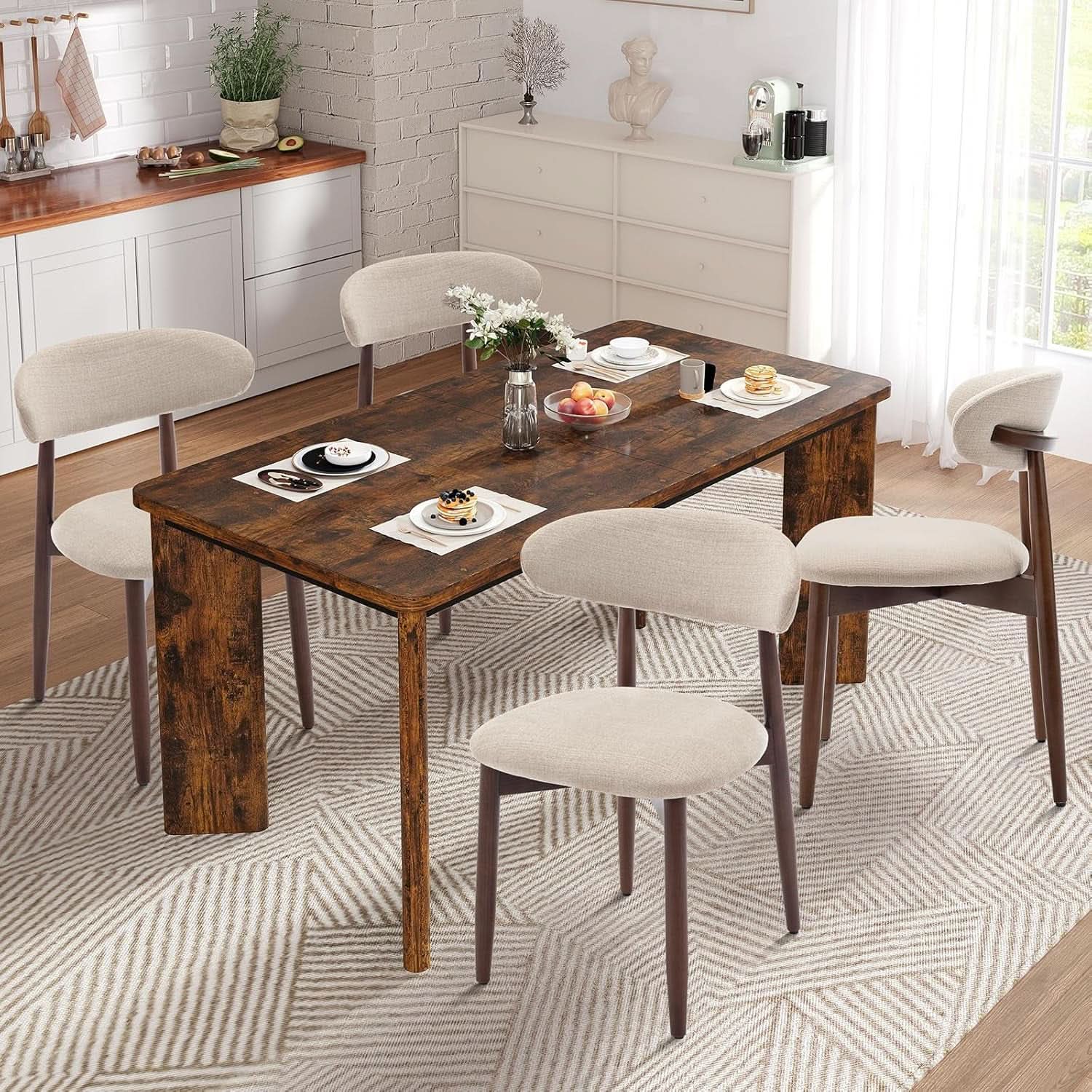 63Inch Industrial Dining Table Set With UpholsteredChairs