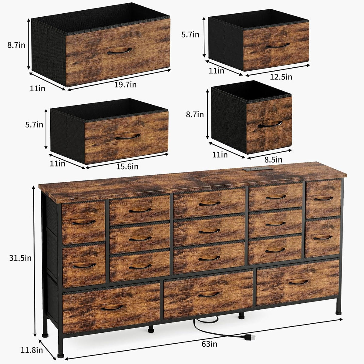 63.3 Inch TV Stand With 16 Drawers For Bedroom Console