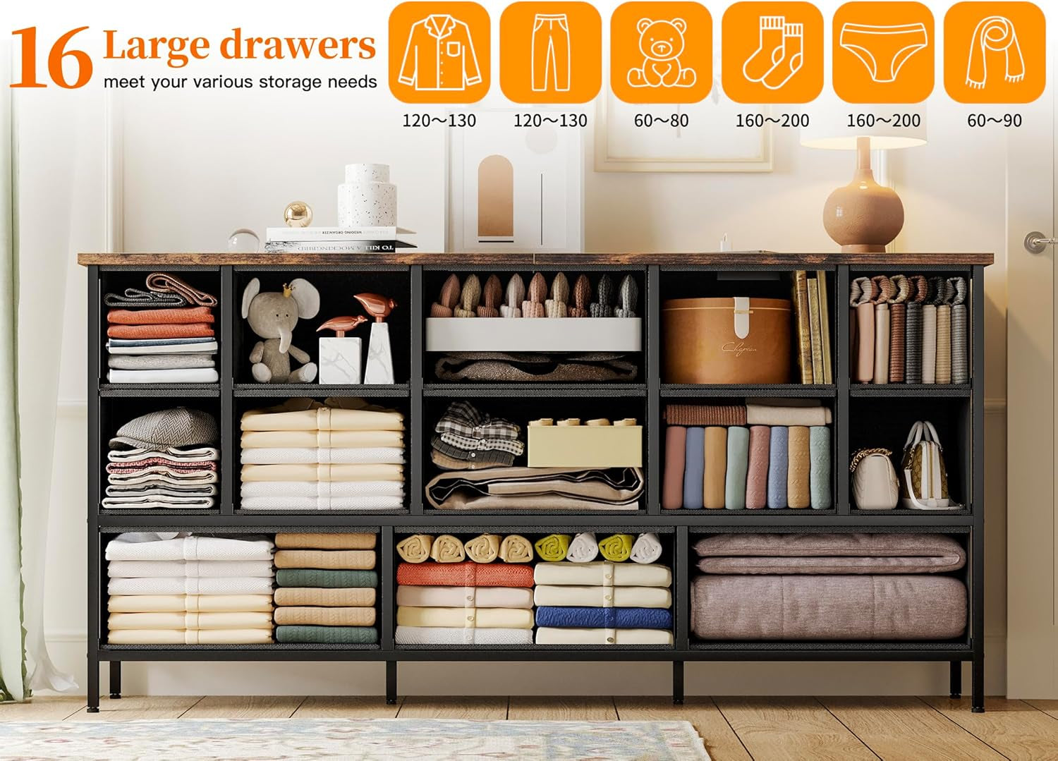 63.3 Inch TV Stand With 16 Drawers For Bedroom Console