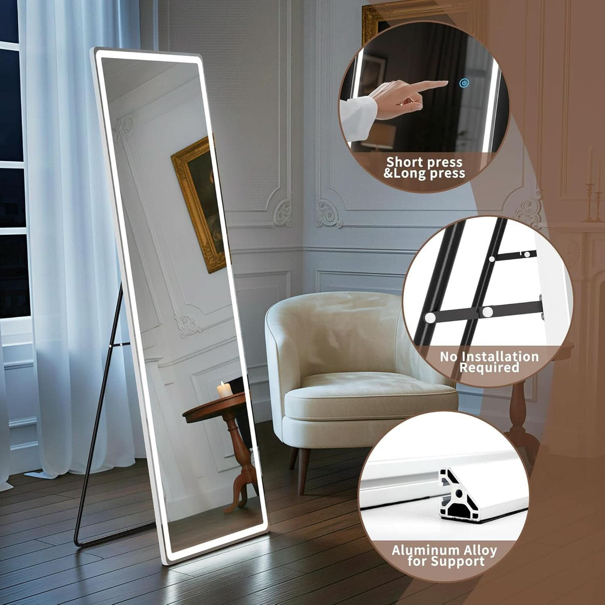 64 Inch Full Length Mirror With LED Lights Aluminum Frame 3 Color Temperatures